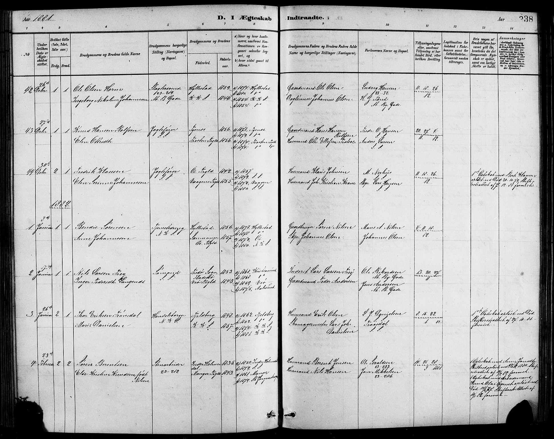 Sandviken Sokneprestembete, SAB/A-77601/H/Hb/L0001: Parish register (copy) no. A 2, 1879-1892, p. 338