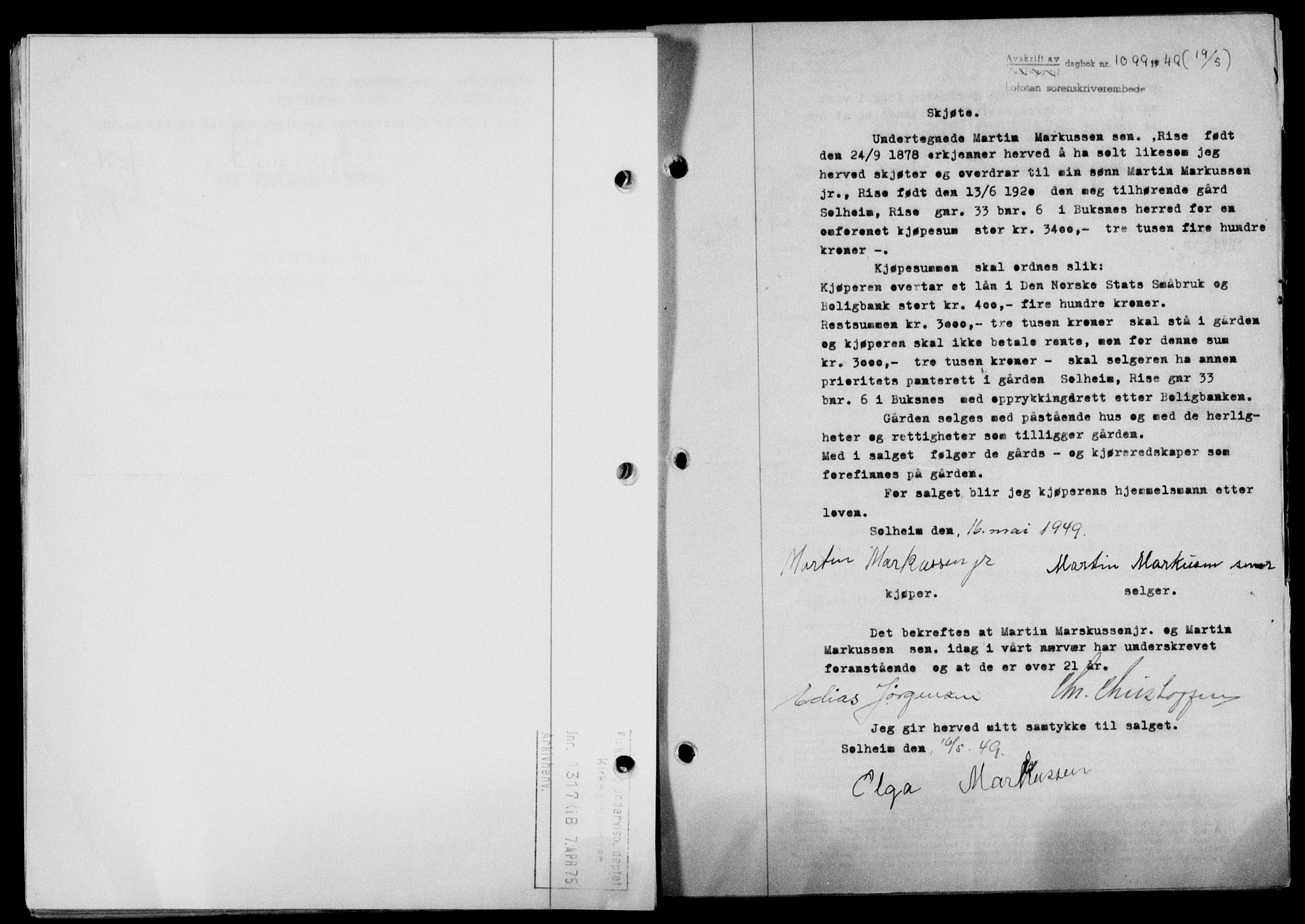 Lofoten sorenskriveri, SAT/A-0017/1/2/2C/L0020a: Mortgage book no. 20a, 1948-1949, Diary no: : 1099/1949