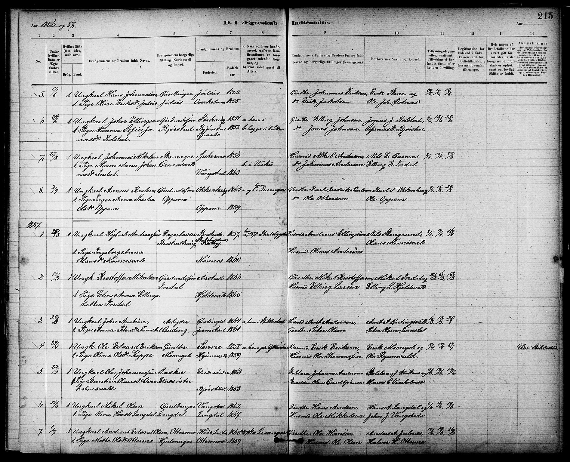 Ministerialprotokoller, klokkerbøker og fødselsregistre - Nord-Trøndelag, SAT/A-1458/724/L0267: Parish register (copy) no. 724C03, 1879-1898, p. 215