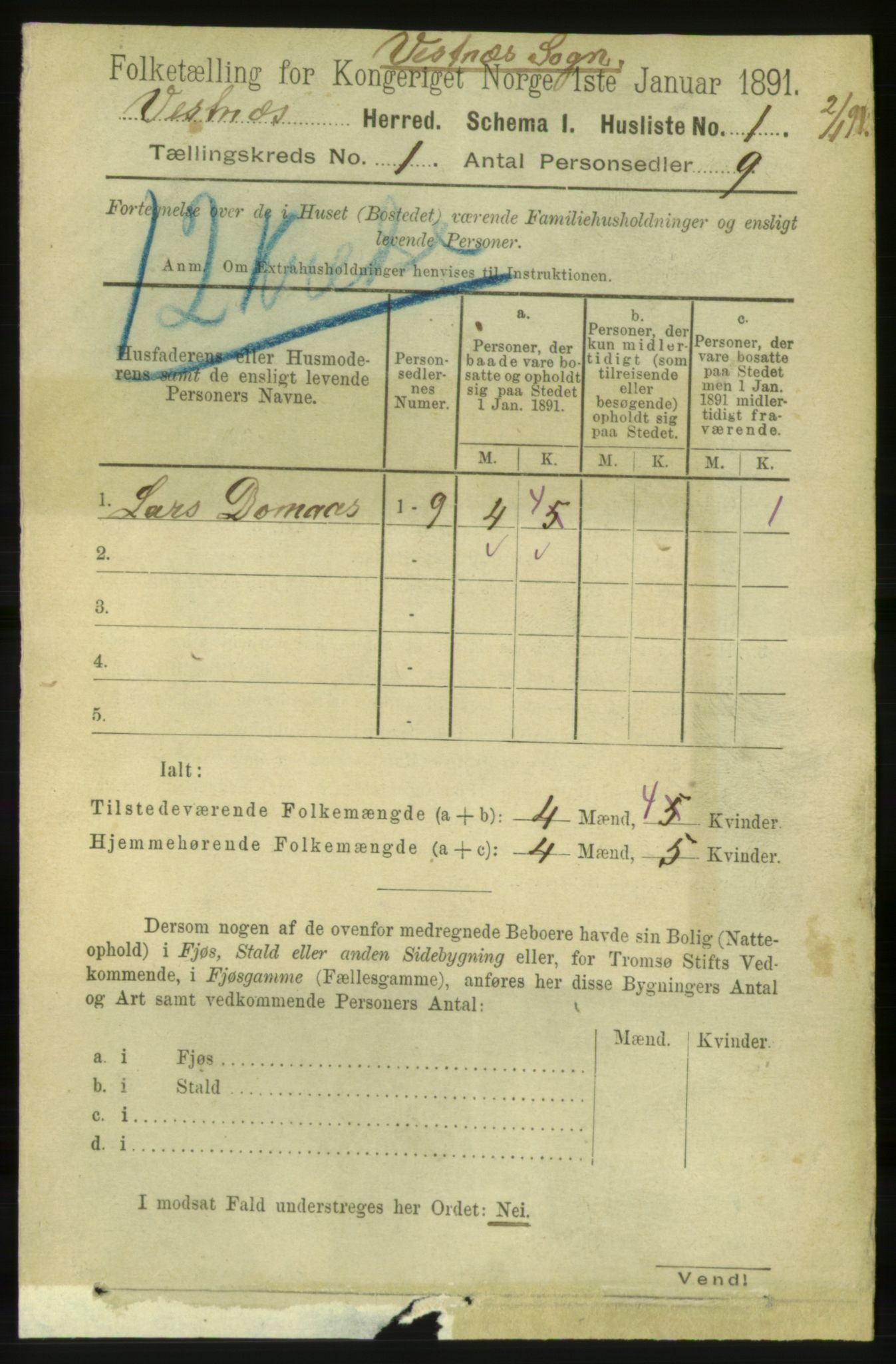 RA, 1891 census for 1535 Vestnes, 1891, p. 33