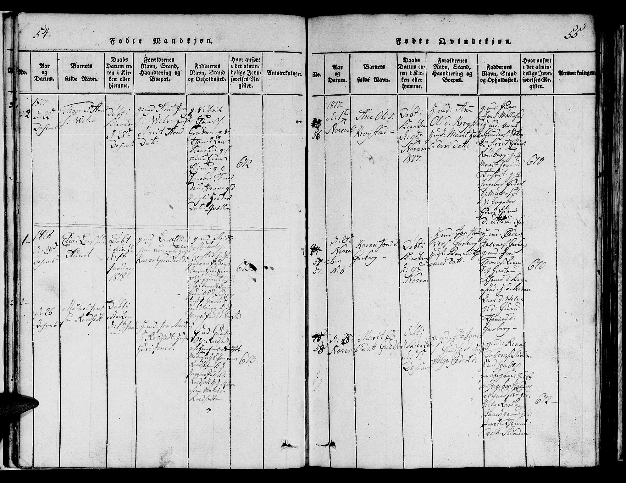 Ministerialprotokoller, klokkerbøker og fødselsregistre - Sør-Trøndelag, AV/SAT-A-1456/695/L1152: Parish register (copy) no. 695C03, 1816-1831, p. 54-55