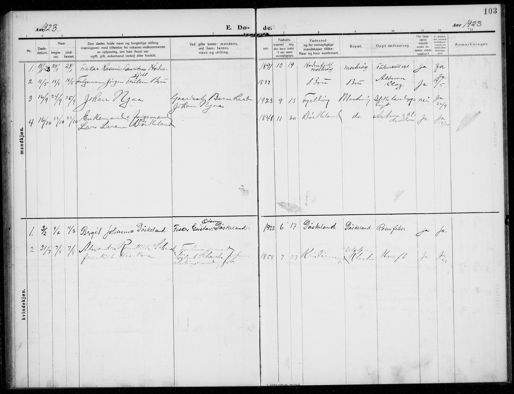 Rennesøy sokneprestkontor, AV/SAST-A -101827/H/Ha/Haa/L0017: Parish register (official) no. A 17, 1908-1926, p. 103