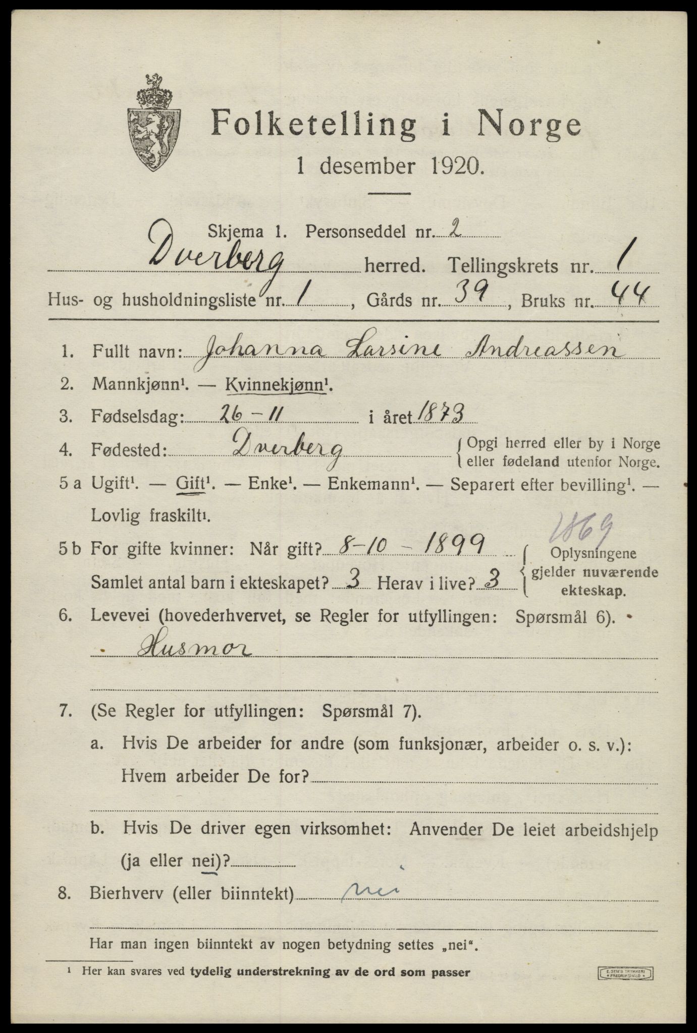 SAT, 1920 census for Dverberg, 1920, p. 1860