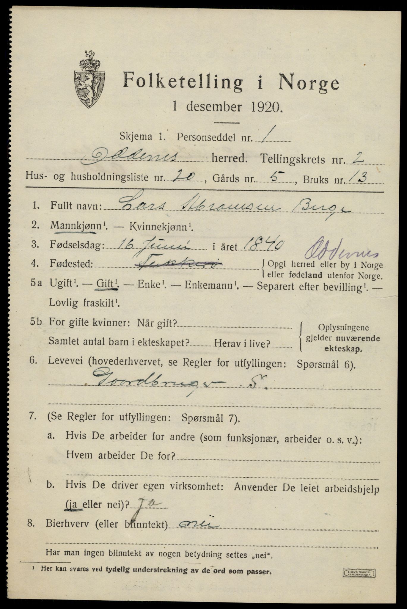 SAK, 1920 census for Oddernes, 1920, p. 3047