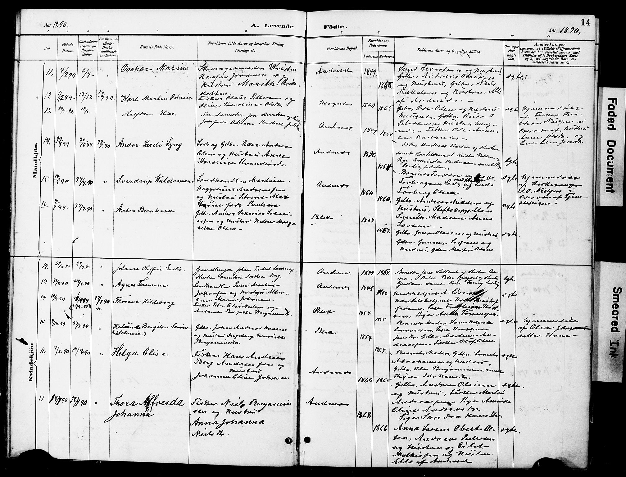 Ministerialprotokoller, klokkerbøker og fødselsregistre - Nordland, SAT/A-1459/899/L1448: Parish register (copy) no. 899C03, 1887-1902, p. 14