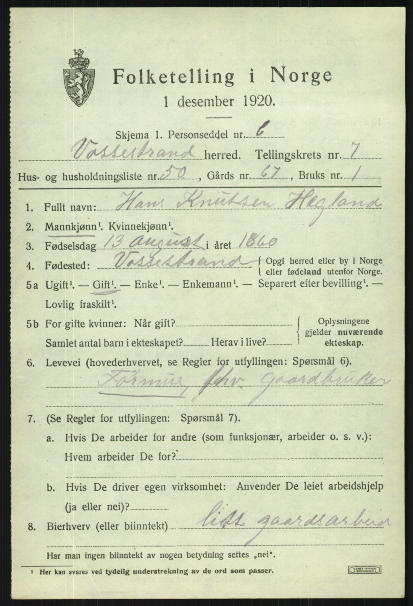 SAB, 1920 census for Vossestrand, 1920, p. 3508