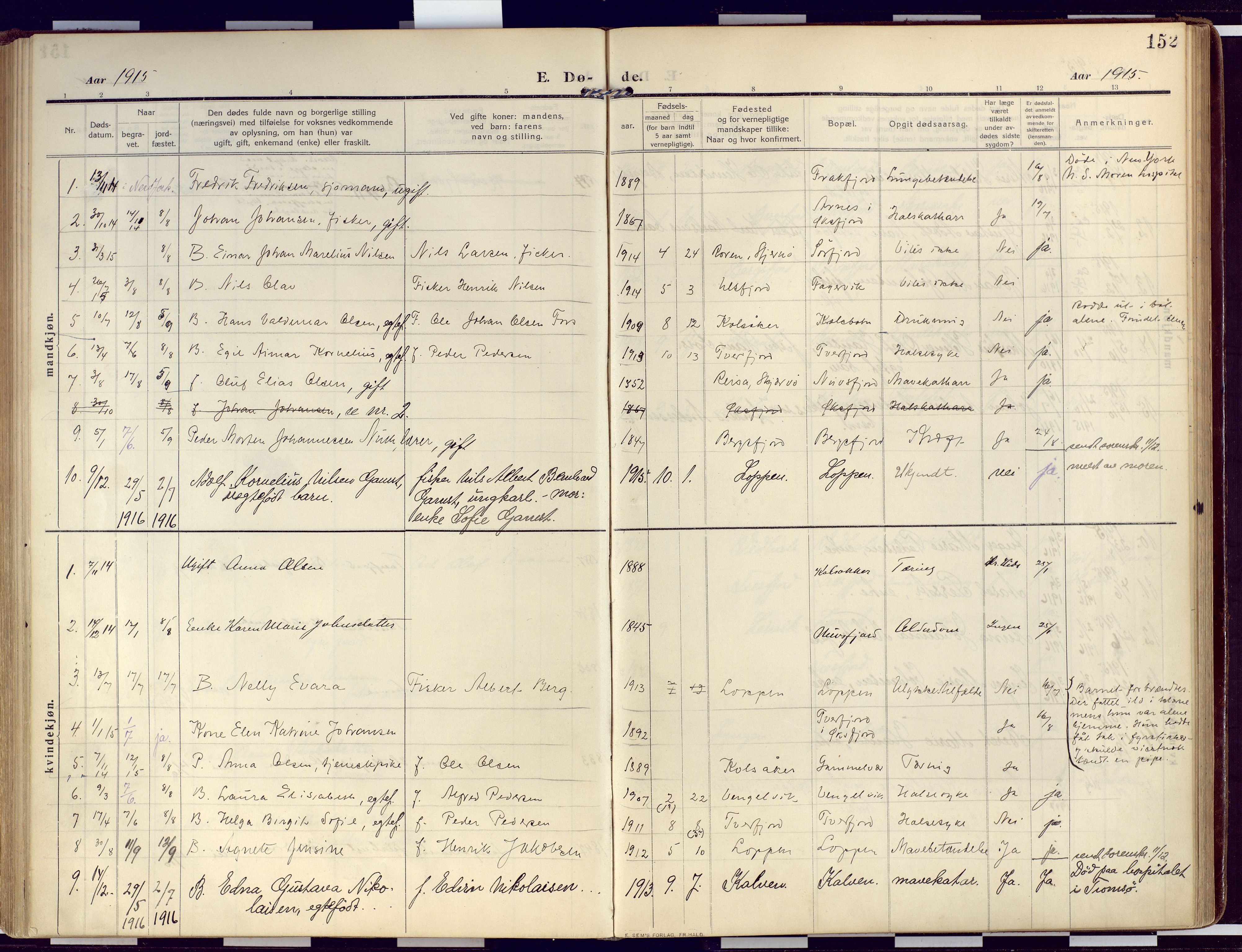 Loppa sokneprestkontor, AV/SATØ-S-1339/H/Ha/L0011kirke: Parish register (official) no. 11, 1909-1919, p. 152