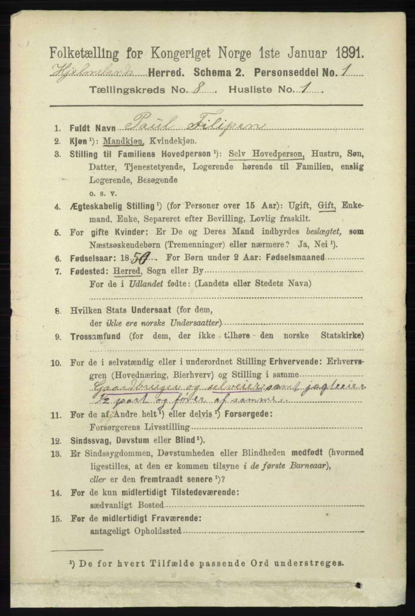 RA, 1891 census for 1133 Hjelmeland, 1891, p. 2473