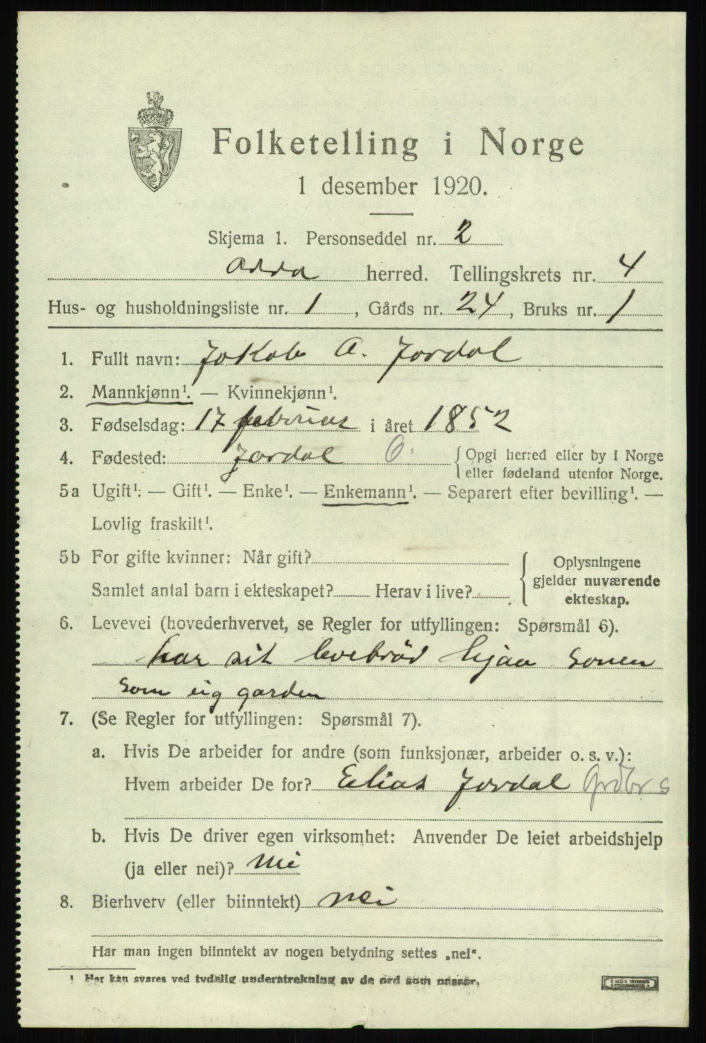 SAB, 1920 census for Odda, 1920, p. 2575