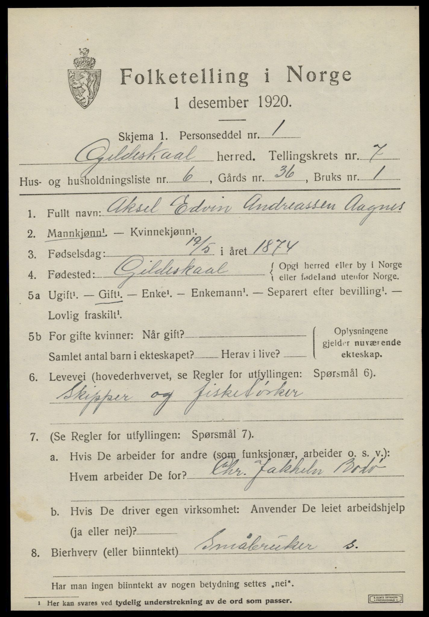 SAT, 1920 census for Gildeskål, 1920, p. 5044