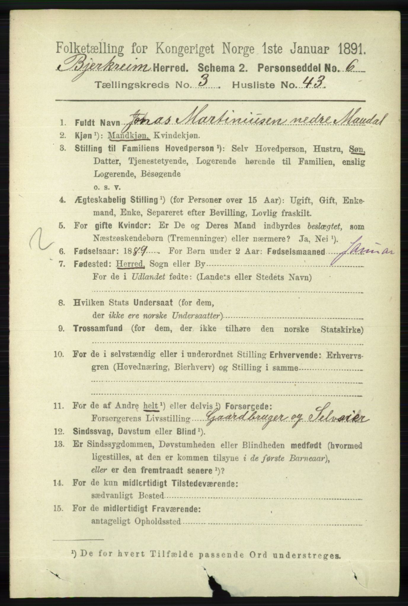 RA, 1891 census for 1114 Bjerkreim, 1891, p. 1158