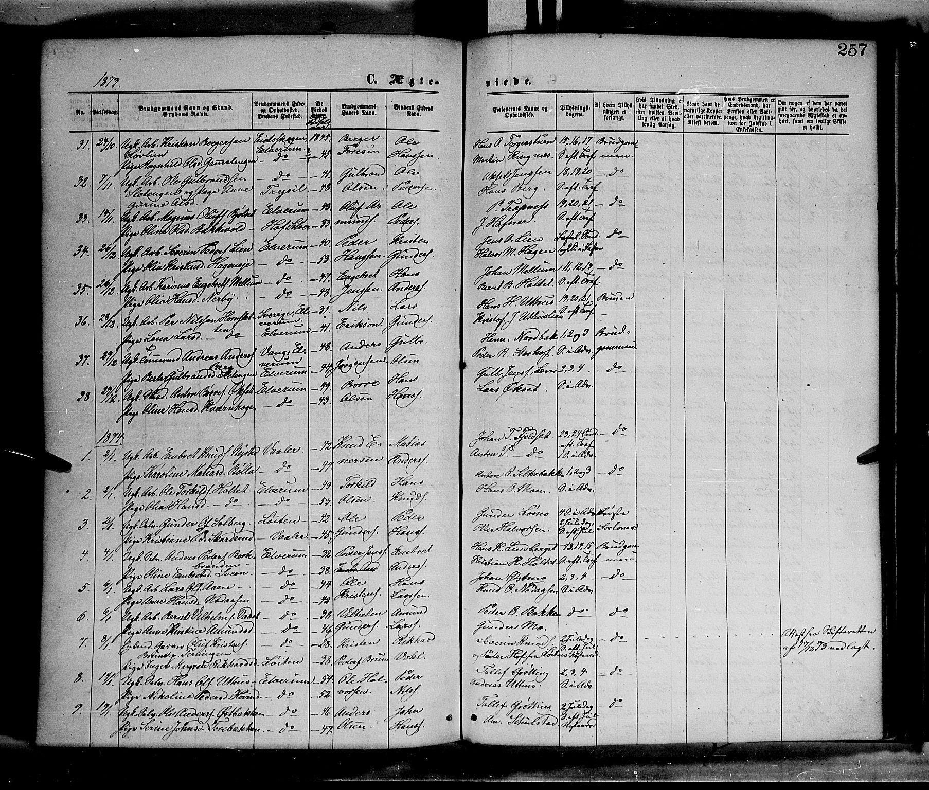 Elverum prestekontor, SAH/PREST-044/H/Ha/Haa/L0011: Parish register (official) no. 11, 1869-1879, p. 257