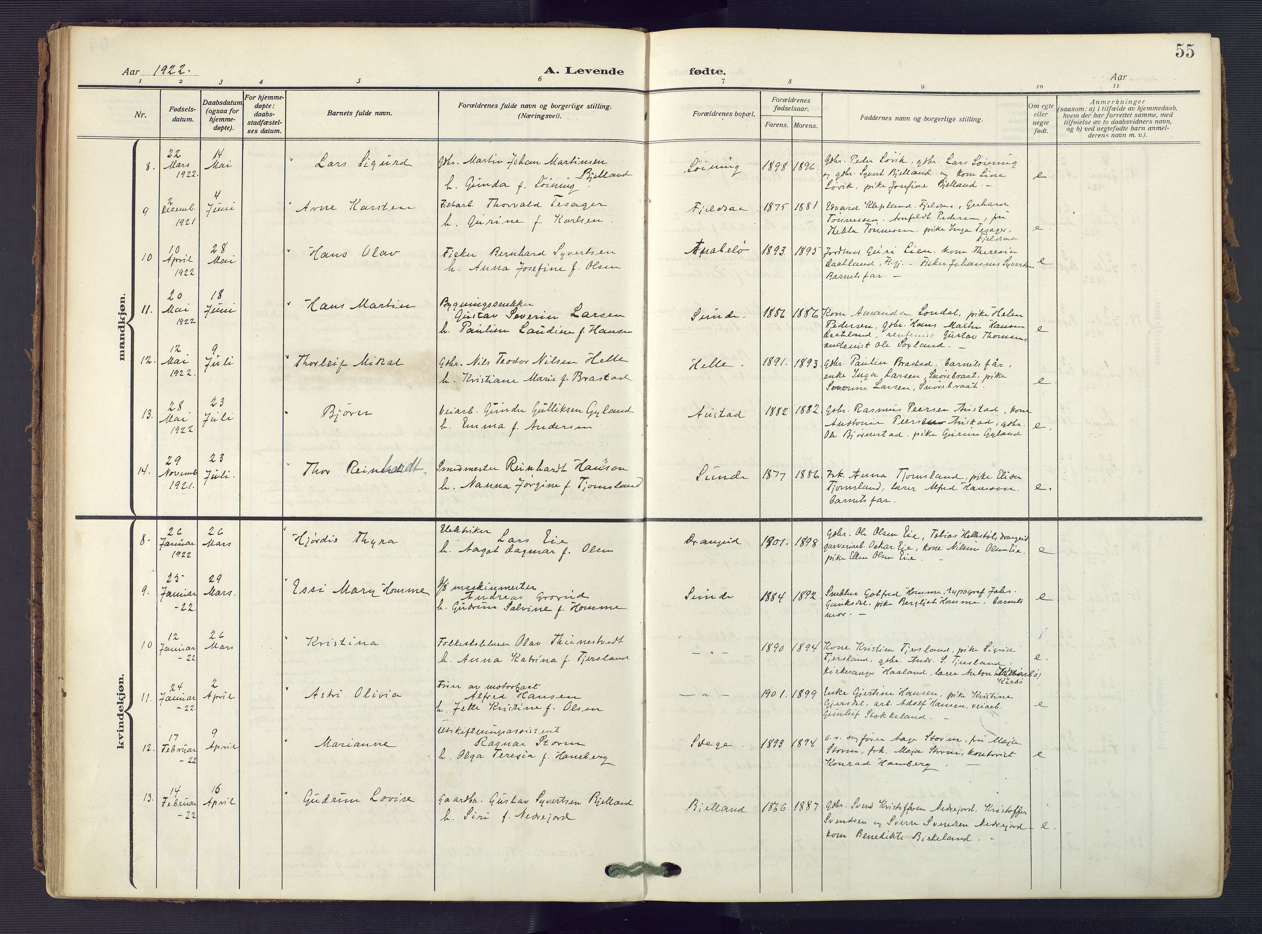Flekkefjord sokneprestkontor, AV/SAK-1111-0012/F/Fa/Fac/L0010: Parish register (official) no. A 10, 1910-1927, p. 55