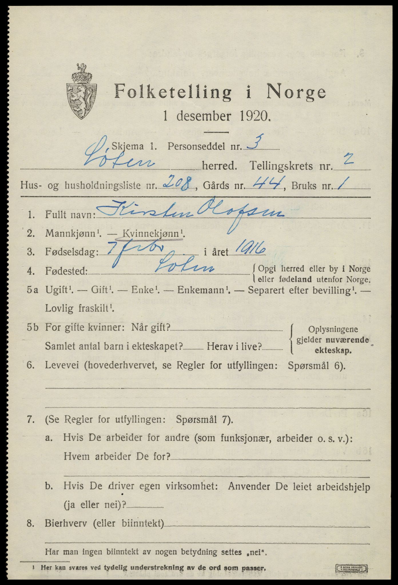 SAH, 1920 census for Løten, 1920, p. 7299