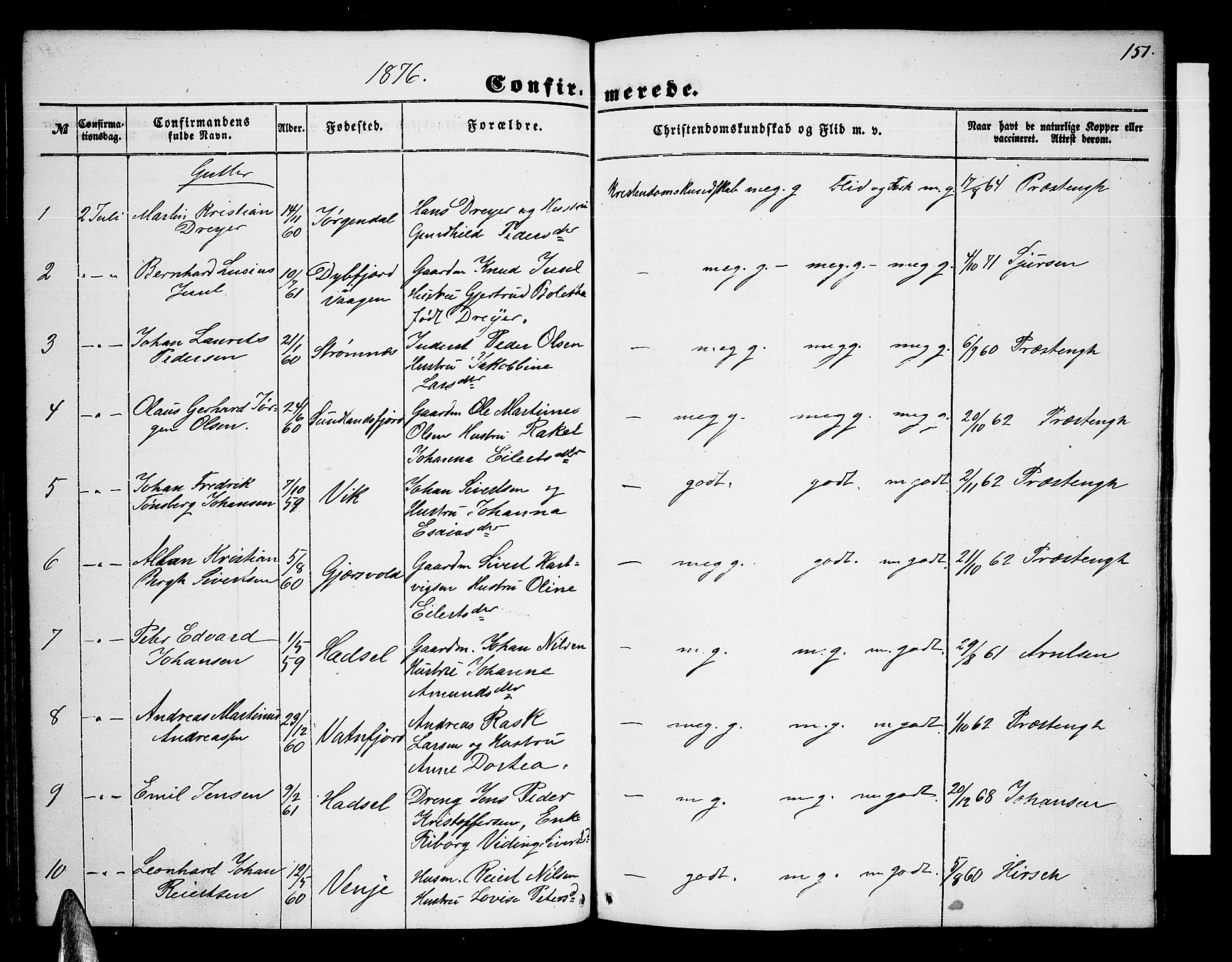 Ministerialprotokoller, klokkerbøker og fødselsregistre - Nordland, AV/SAT-A-1459/876/L1102: Parish register (copy) no. 876C01, 1852-1886, p. 151