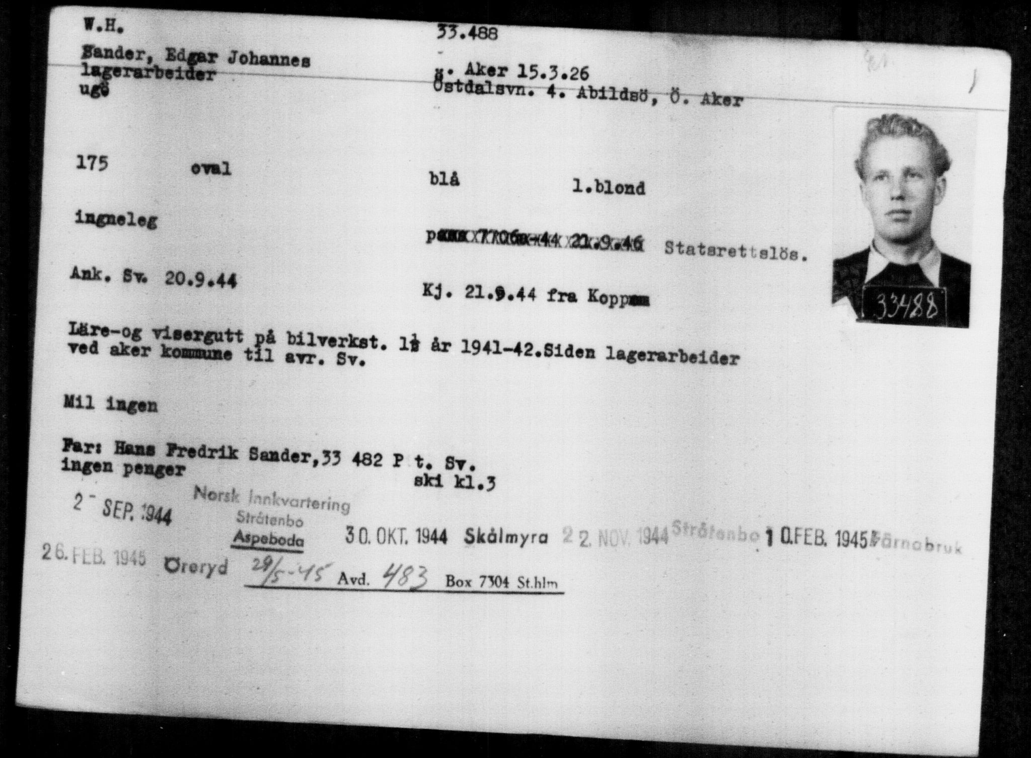 Utenriksstasjonene, Legasjonen i Stockholm, Flyktningkontoret, AV/RA-S-6753/V/Va/L0013: Kjesäterkartoteket, flyktninger med registreringsnr. 31500-34731, 1940-1945, p. 2094