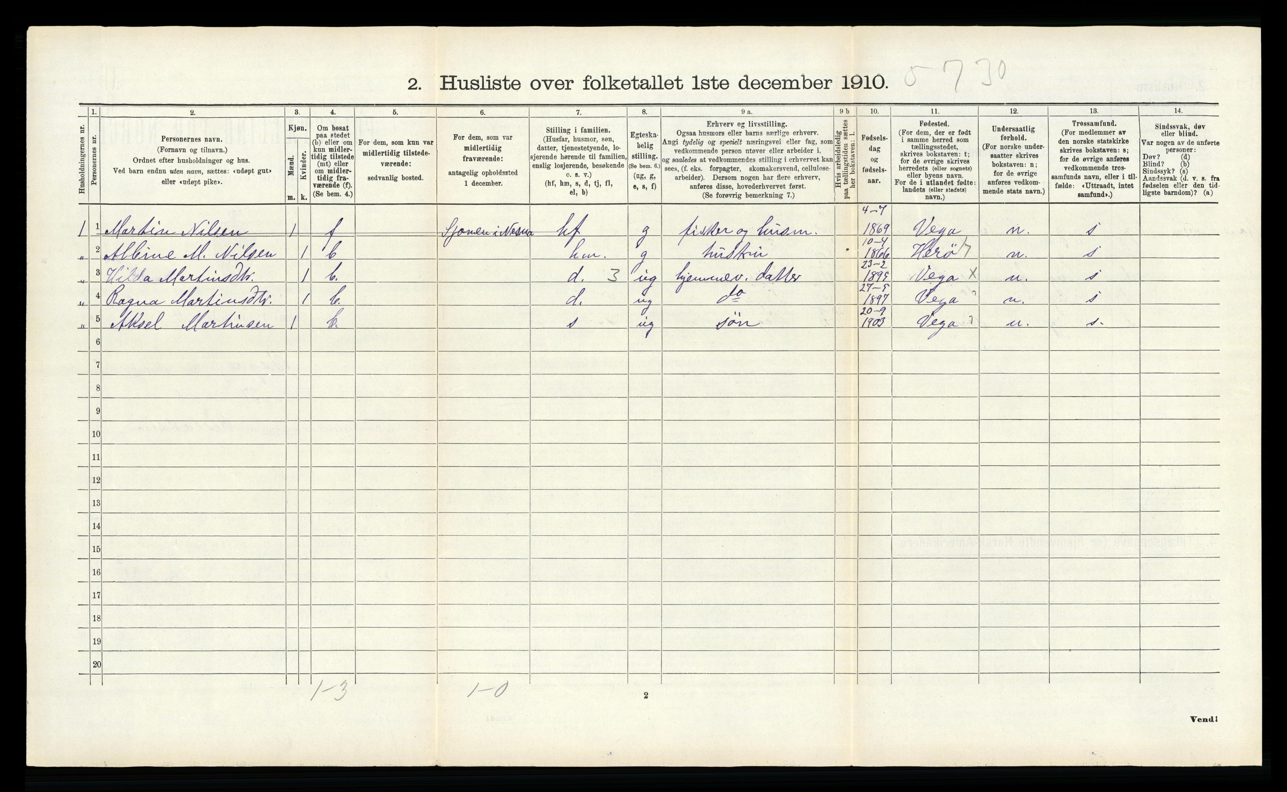 RA, 1910 census for Vega, 1910, p. 803