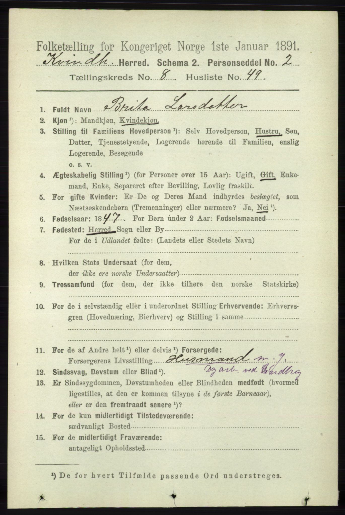 RA, 1891 census for 1224 Kvinnherad, 1891, p. 3257