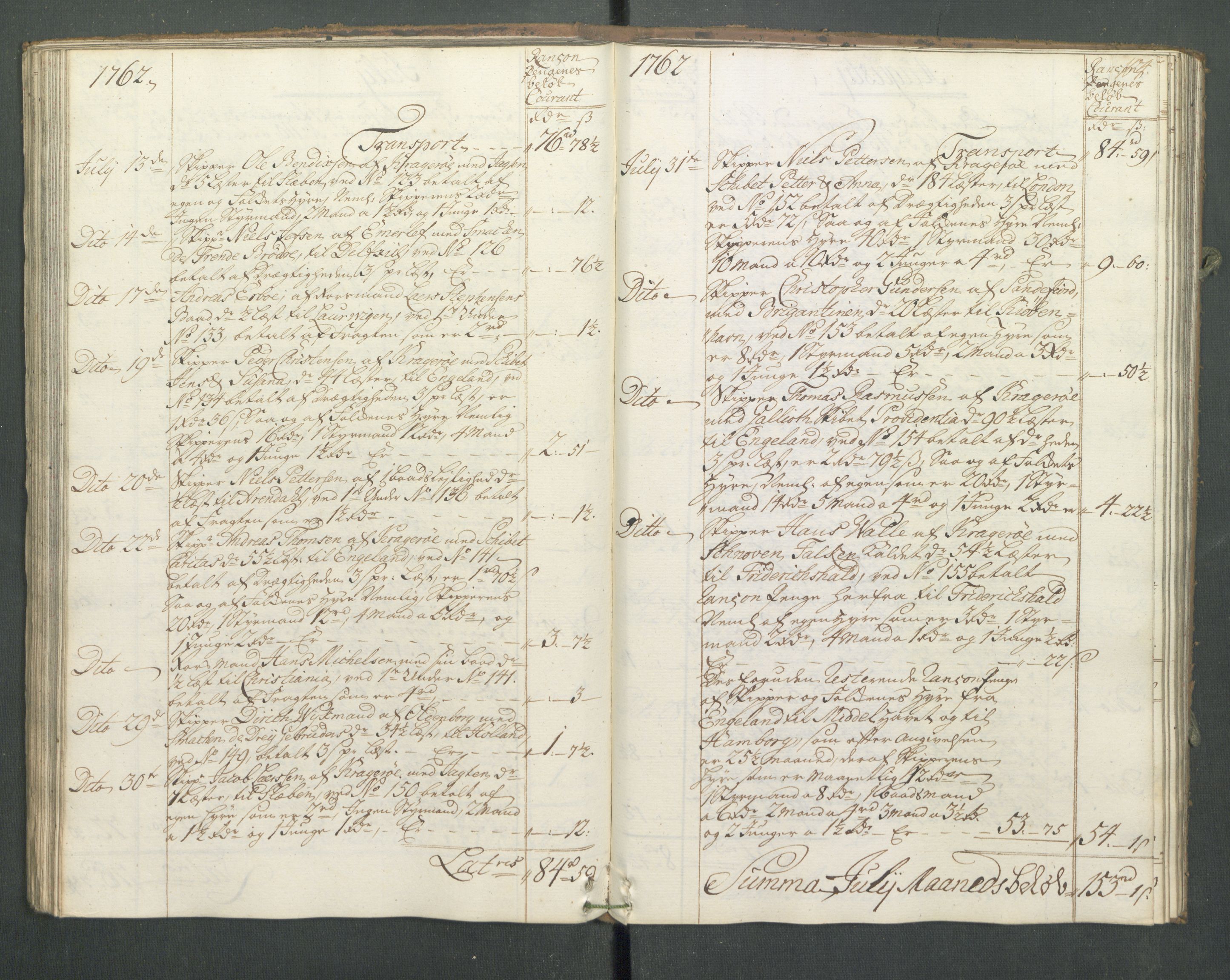 Generaltollkammeret, tollregnskaper, AV/RA-EA-5490/R13/L0033/0001: Tollregnskaper Kragerø / Utgående hovedtollbok, 1762, p. 103b-104a
