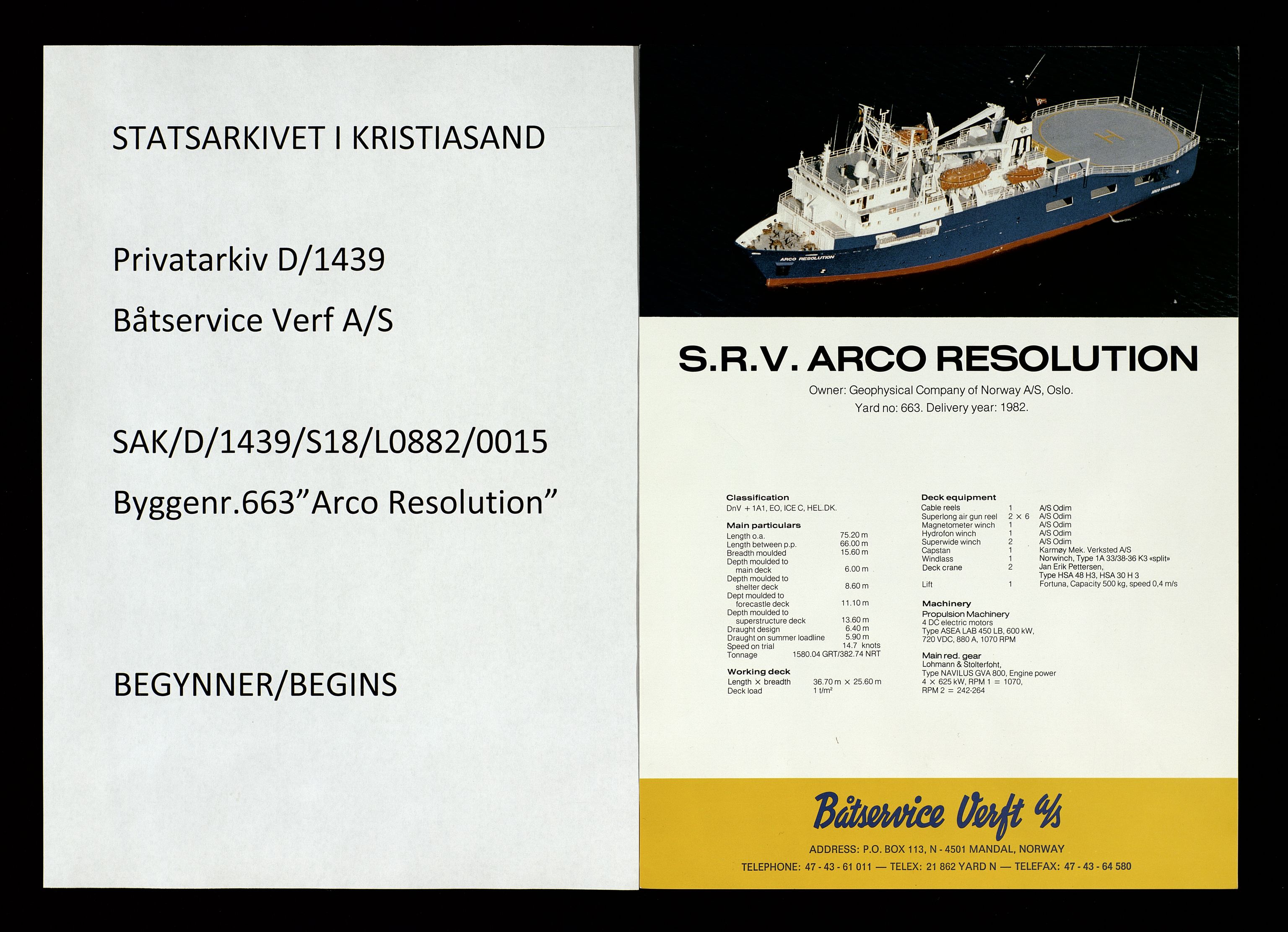 Båtservice Verft A/S, AV/SAK-D/1439/S18/L0882/0045: Reklame, jubileumsbok, historikk / Byggenr 663 - "Arco Resolution", 1982