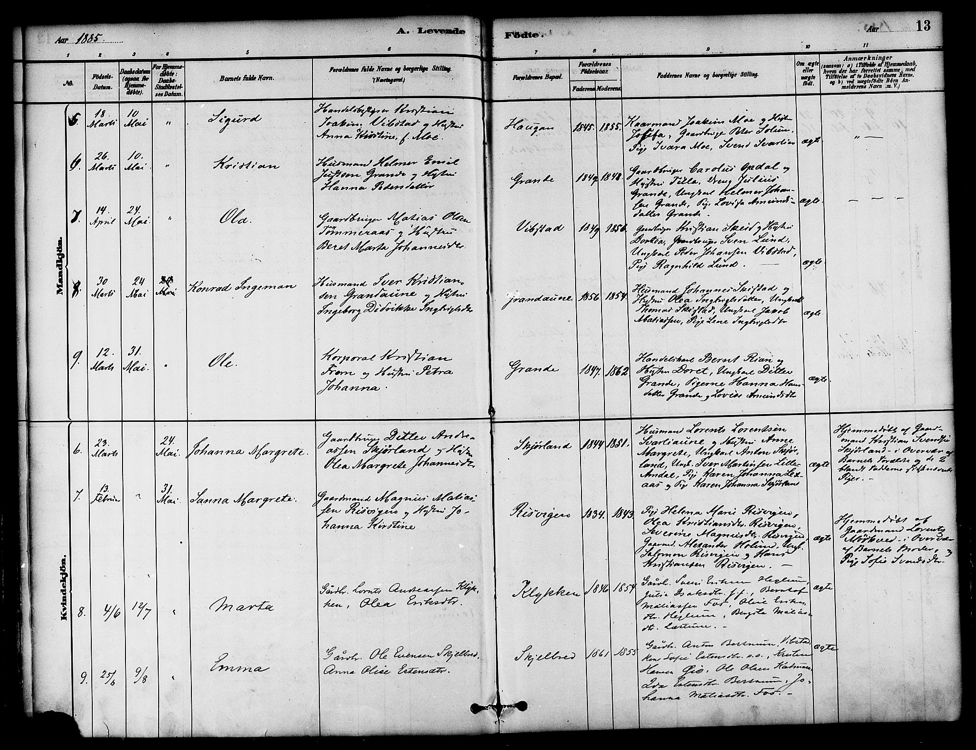 Ministerialprotokoller, klokkerbøker og fødselsregistre - Nord-Trøndelag, AV/SAT-A-1458/764/L0555: Parish register (official) no. 764A10, 1881-1896, p. 13