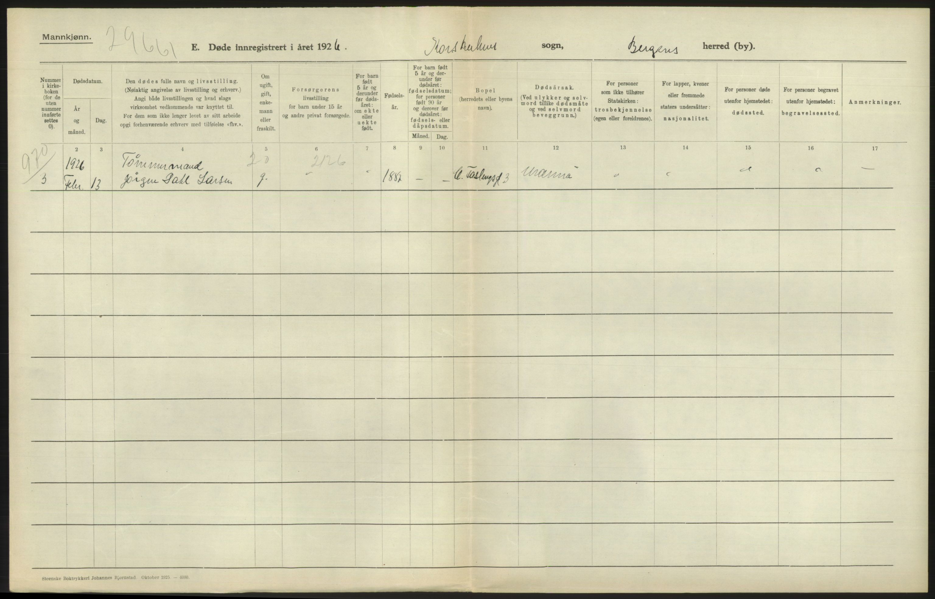 Statistisk sentralbyrå, Sosiodemografiske emner, Befolkning, RA/S-2228/D/Df/Dfc/Dfcf/L0028: Bergen: Gifte, døde, dødfødte., 1926, p. 626