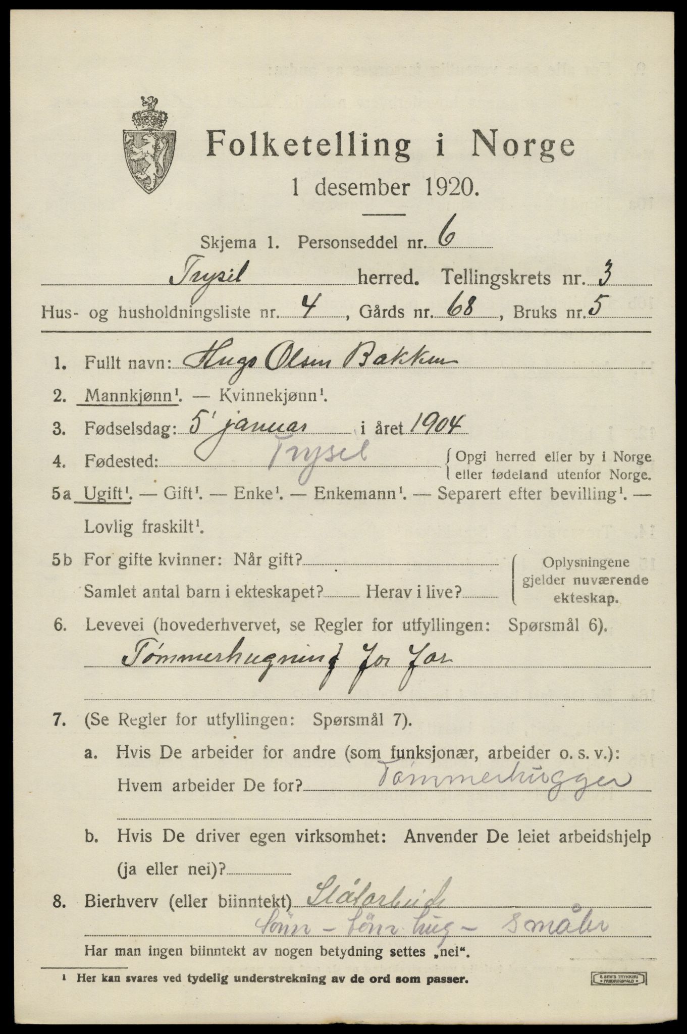 SAH, 1920 census for Trysil, 1920, p. 3523