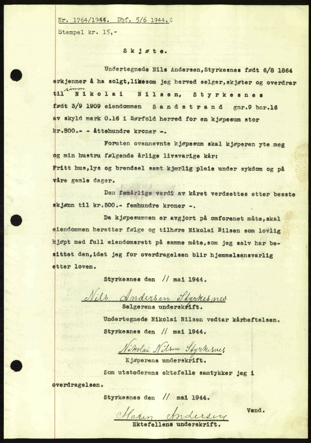 Salten sorenskriveri, AV/SAT-A-4578/1/2/2C: Mortgage book no. A14-15, 1943-1945, Diary no: : 1764/1944