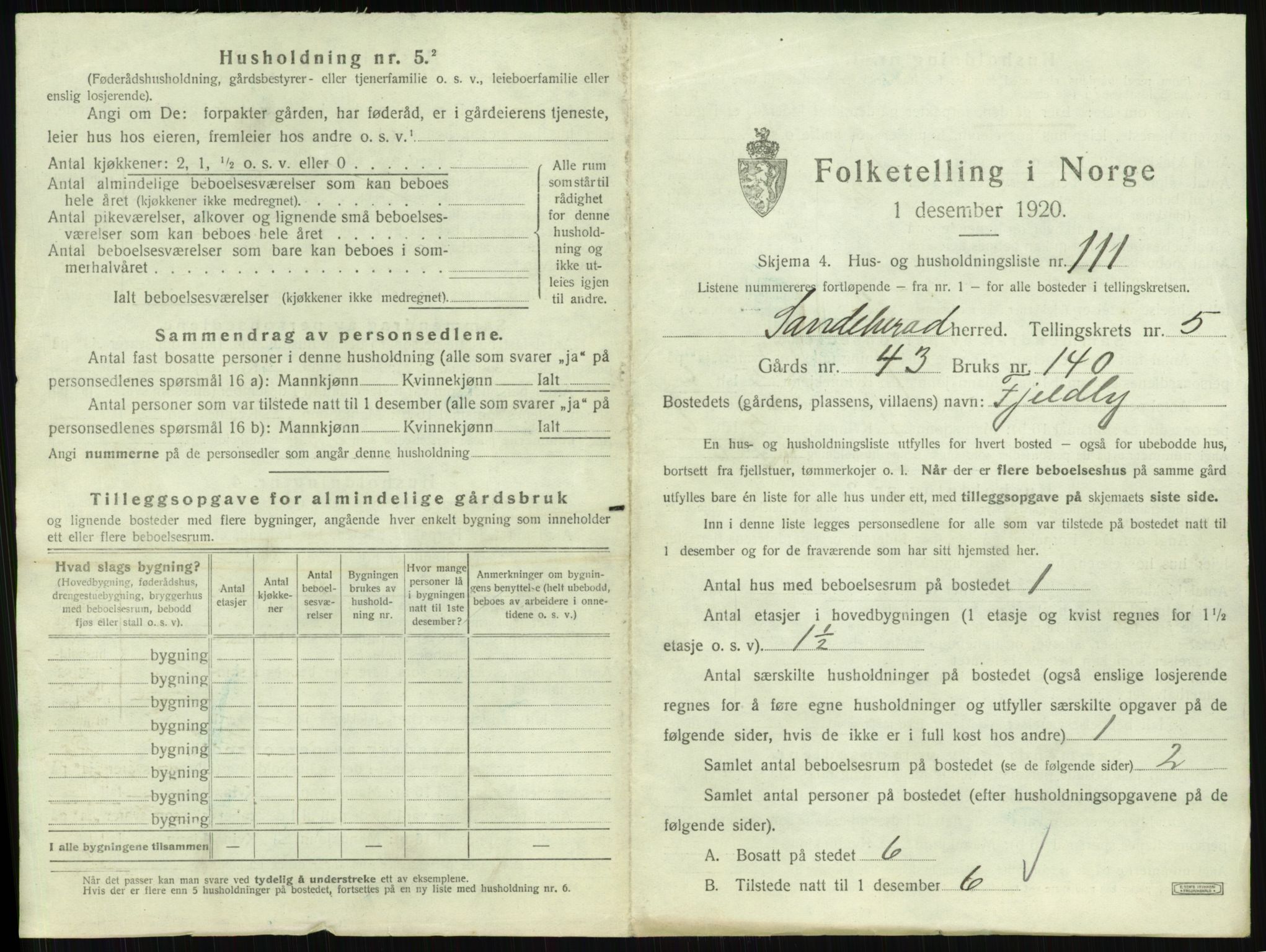 SAKO, 1920 census for Sandeherred, 1920, p. 1111