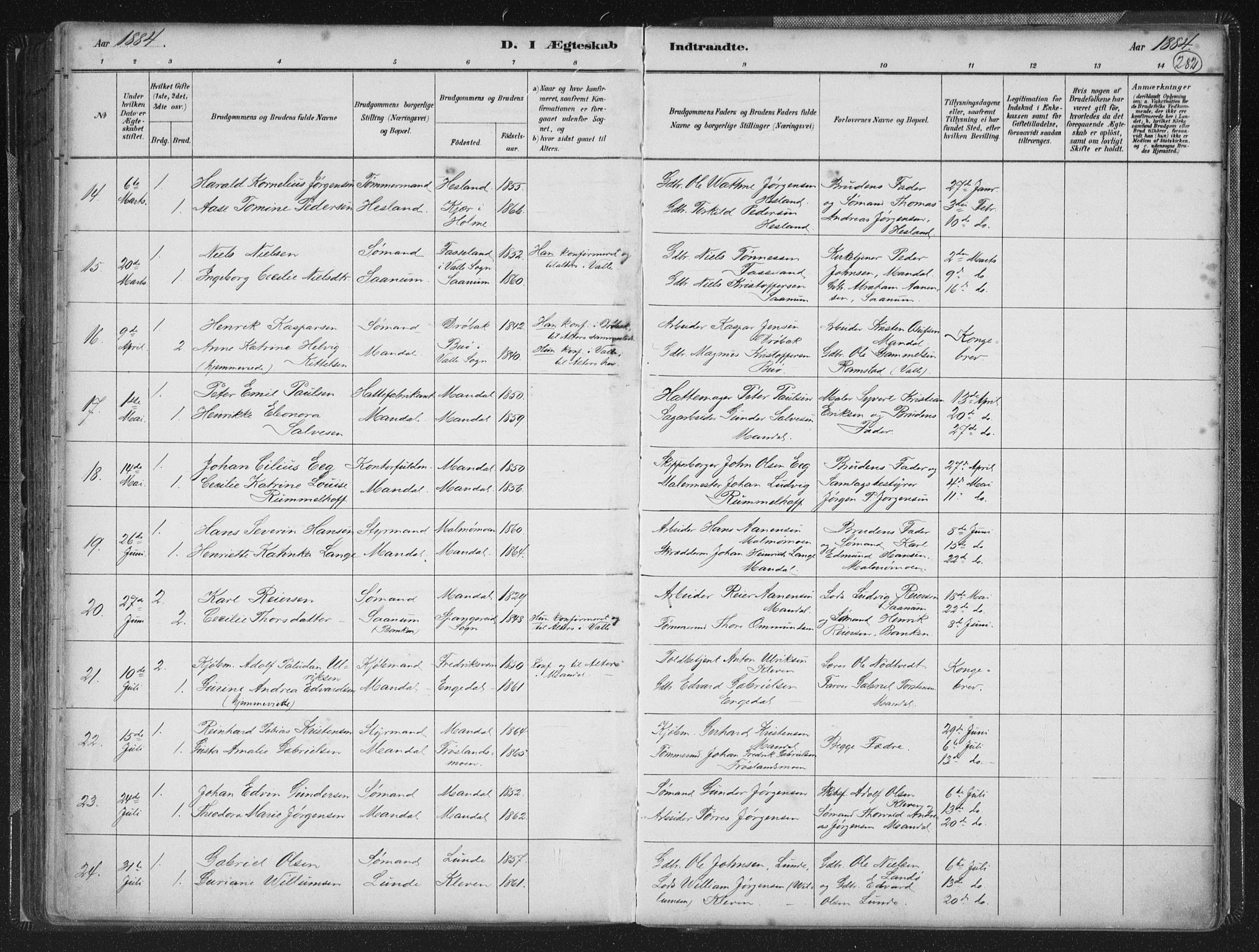 Mandal sokneprestkontor, AV/SAK-1111-0030/F/Fb/Fba/L0011: Parish register (copy) no. B 5, 1880-1898, p. 282