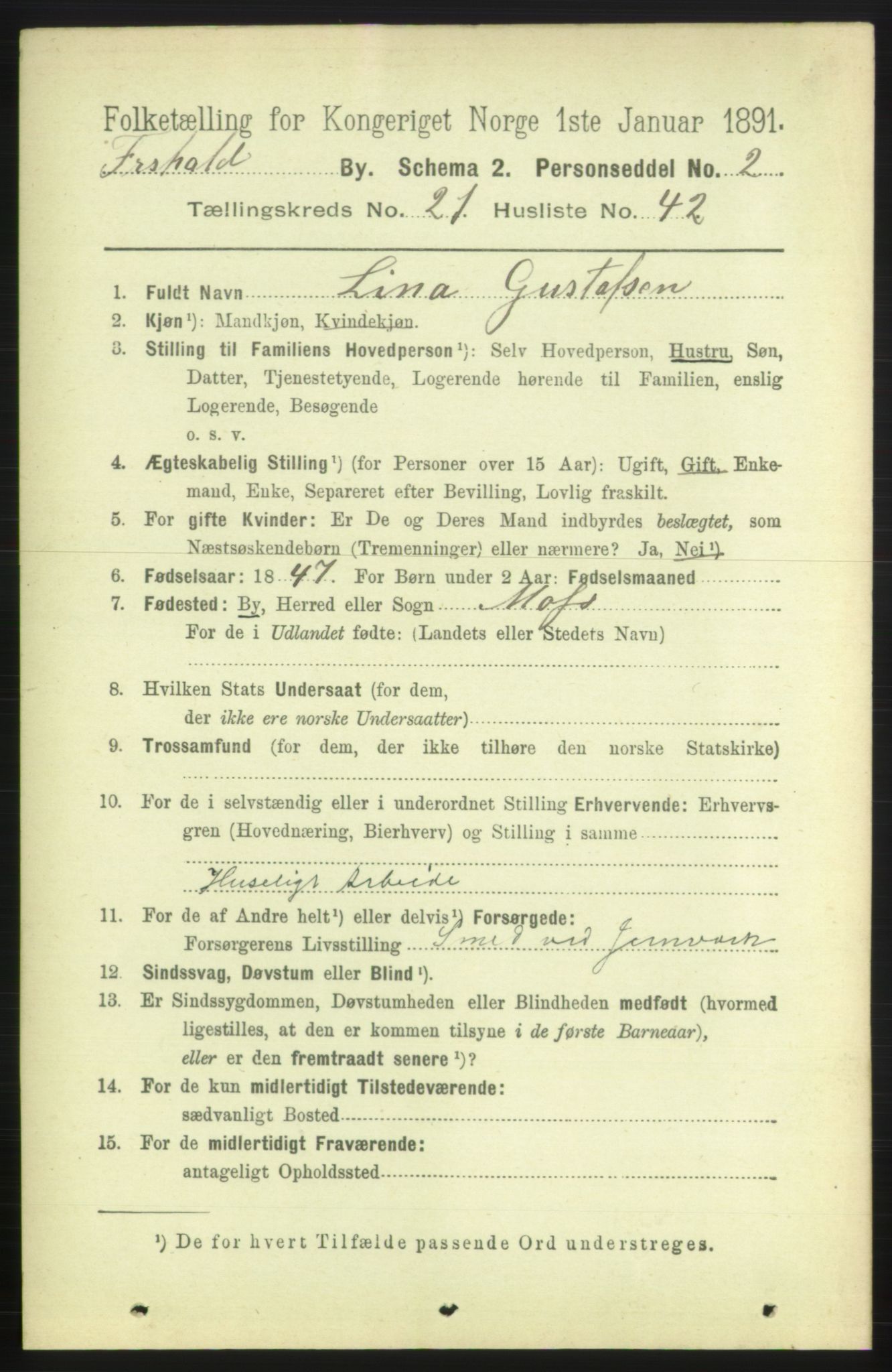 RA, 1891 census for 0101 Fredrikshald, 1891, p. 13485