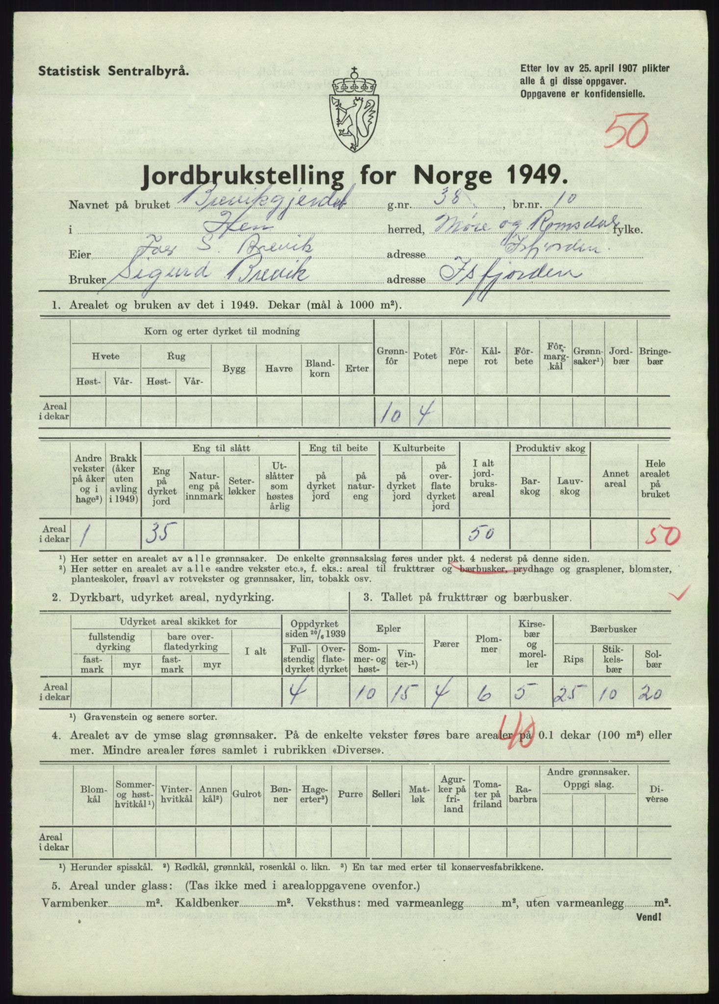 Statistisk sentralbyrå, Næringsøkonomiske emner, Jordbruk, skogbruk, jakt, fiske og fangst, AV/RA-S-2234/G/Gc/L0323: Møre og Romsdal: Grytten og Hen, 1949, p. 759