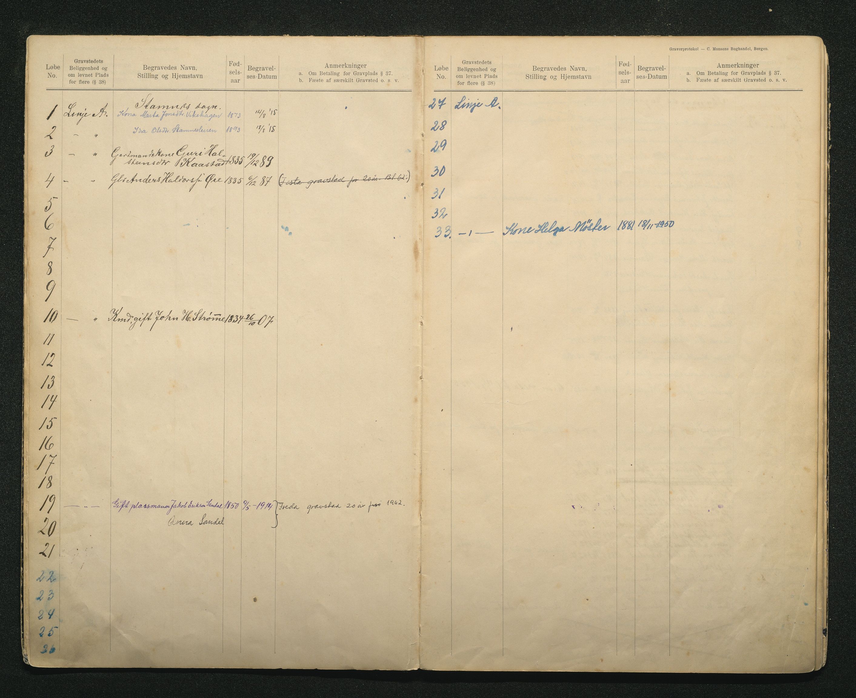 Vaksdal kommune. Kyrkjeverja, IKAH/1251b-282/G/Ga/L0003: Gravprotokoll for Stamnes kirkegård, 1908-1964