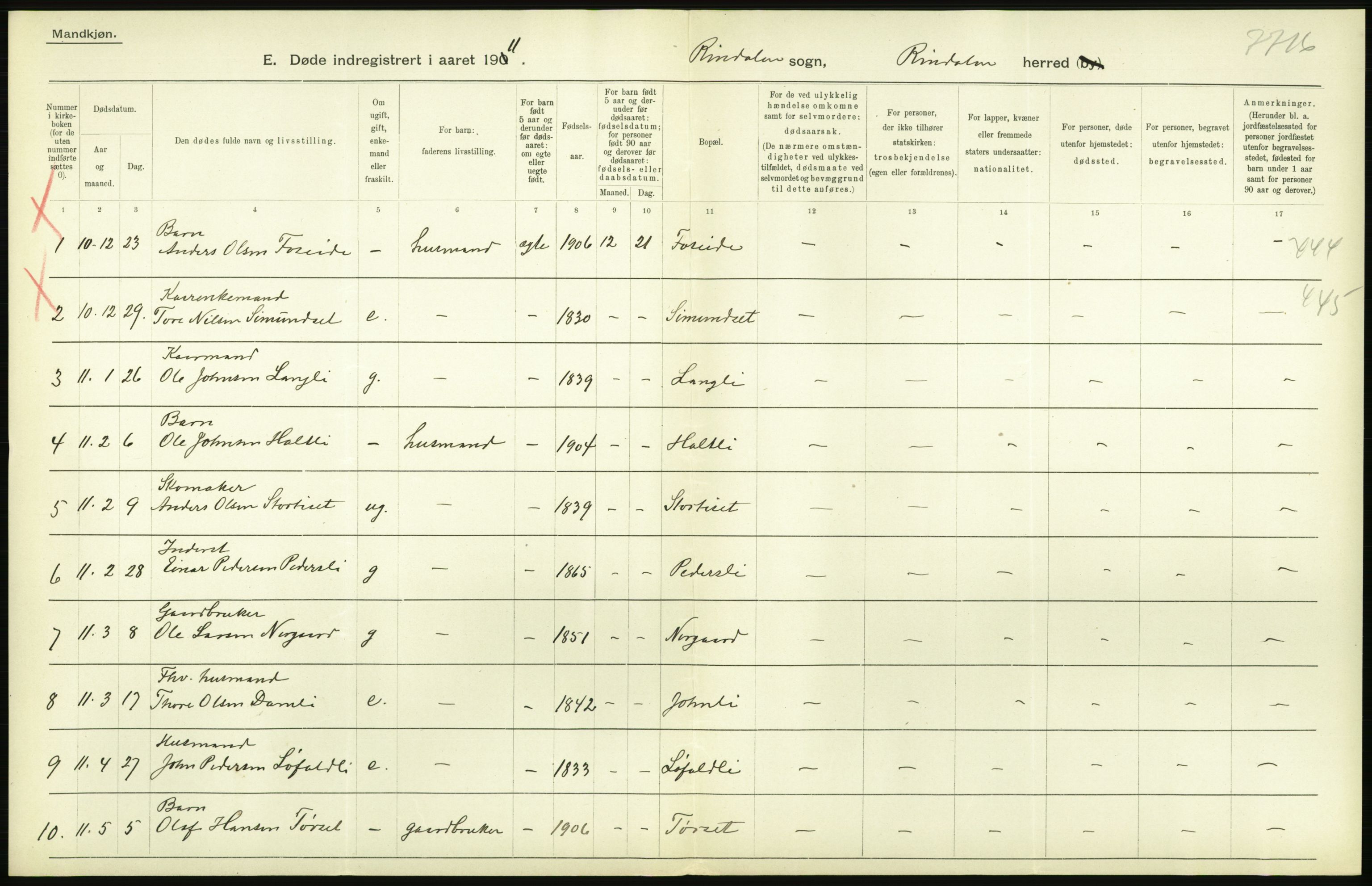 Statistisk sentralbyrå, Sosiodemografiske emner, Befolkning, AV/RA-S-2228/D/Df/Dfb/Dfba/L0038: Romsdals amt:  Døde. Bygder og byer., 1911, p. 58
