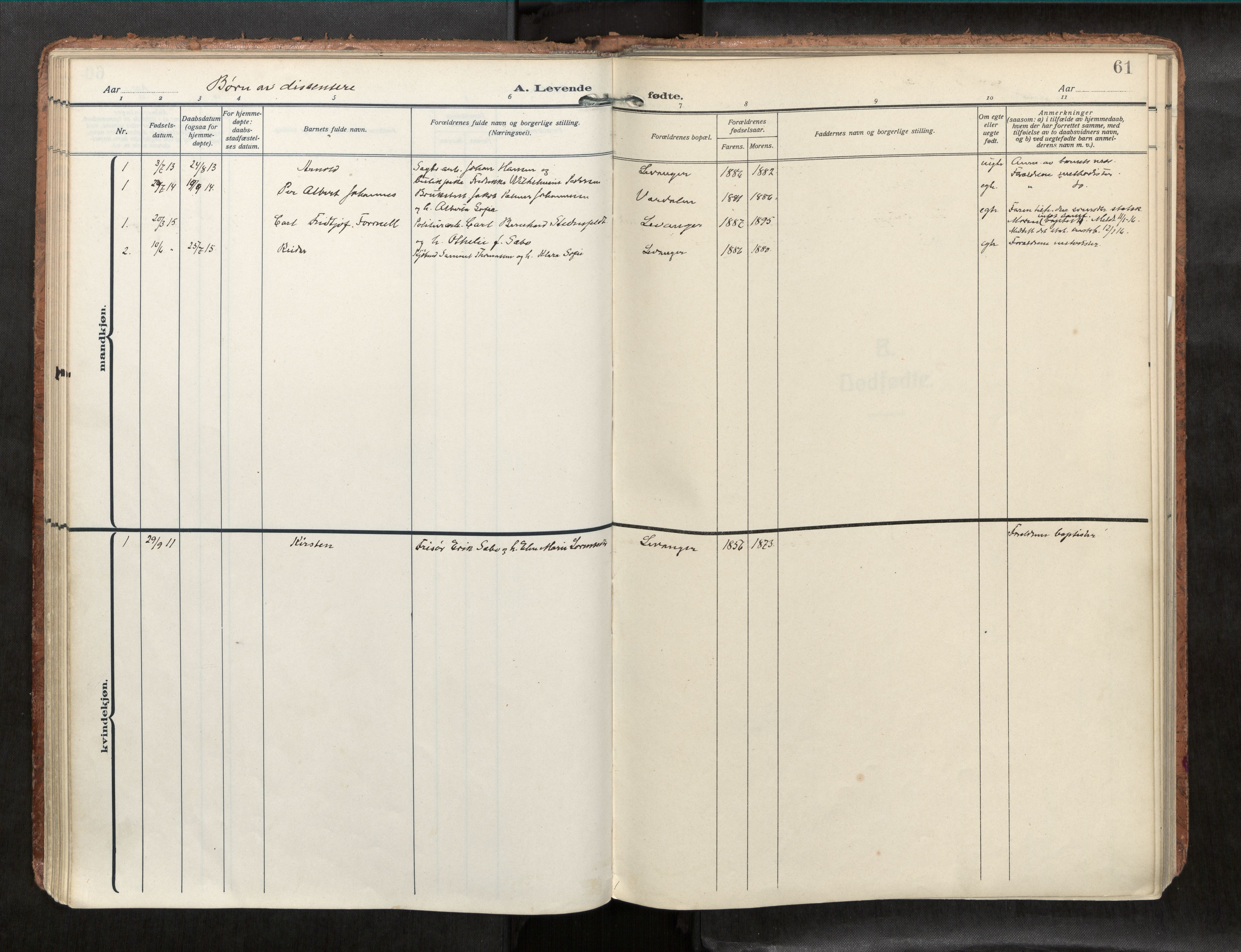 Levanger sokneprestkontor, SAT/A-1301/2/H/Haa/L0001: Parish register (official) no. 1, 1912-1932, p. 61