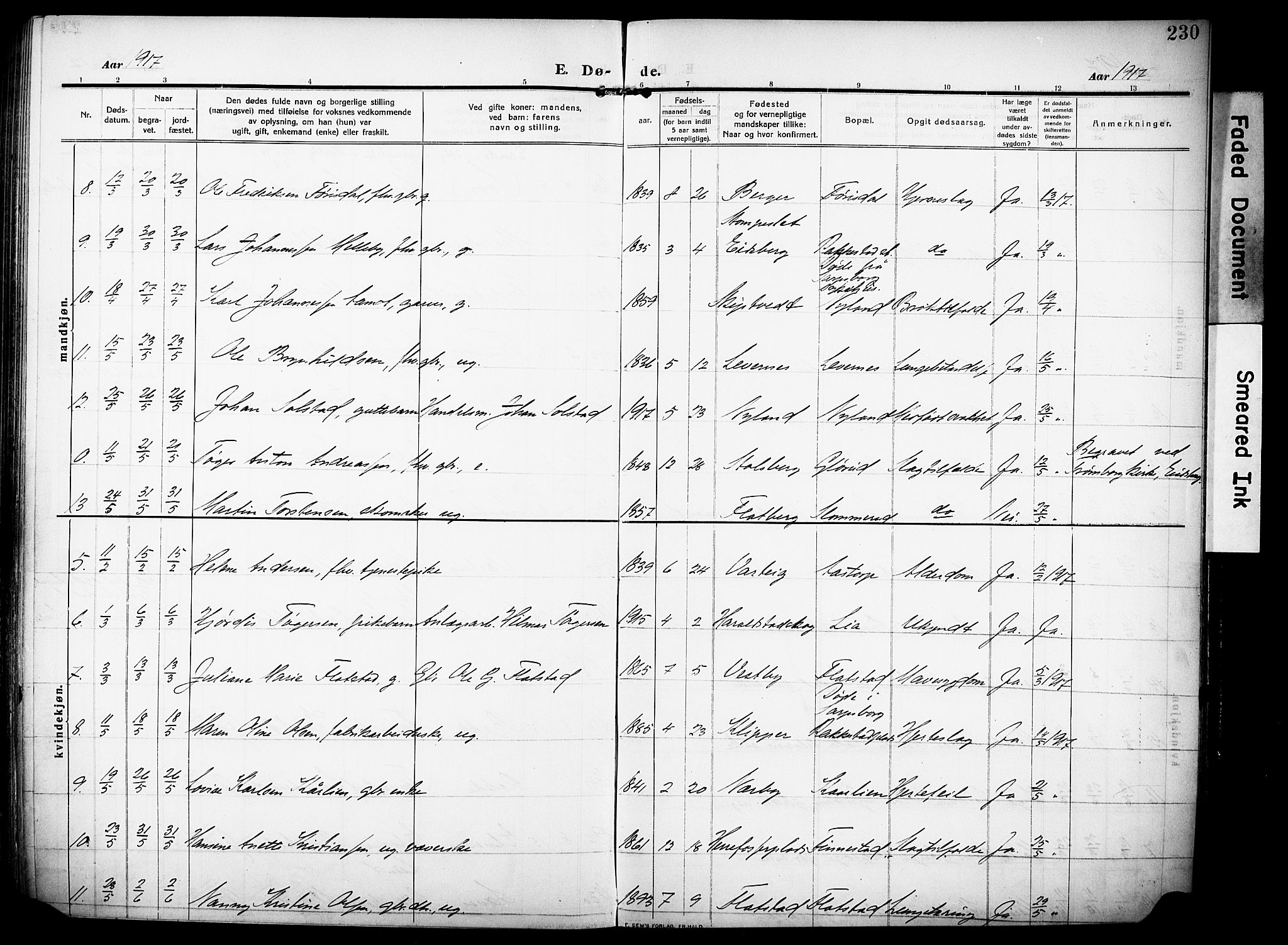 Rakkestad prestekontor Kirkebøker, AV/SAO-A-2008/F/Fa/L0015: Parish register (official) no. I 15, 1909-1922, p. 230