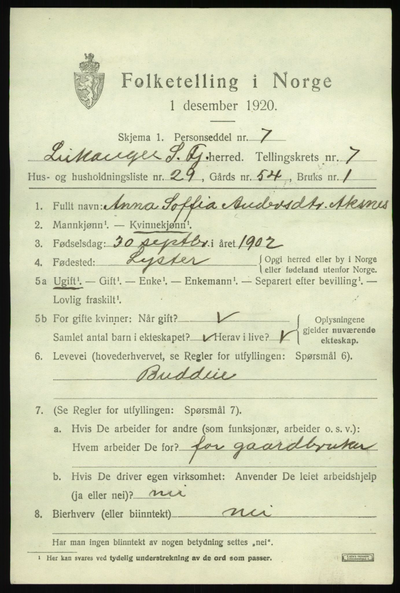 SAB, 1920 census for Leikanger, 1920, p. 4886