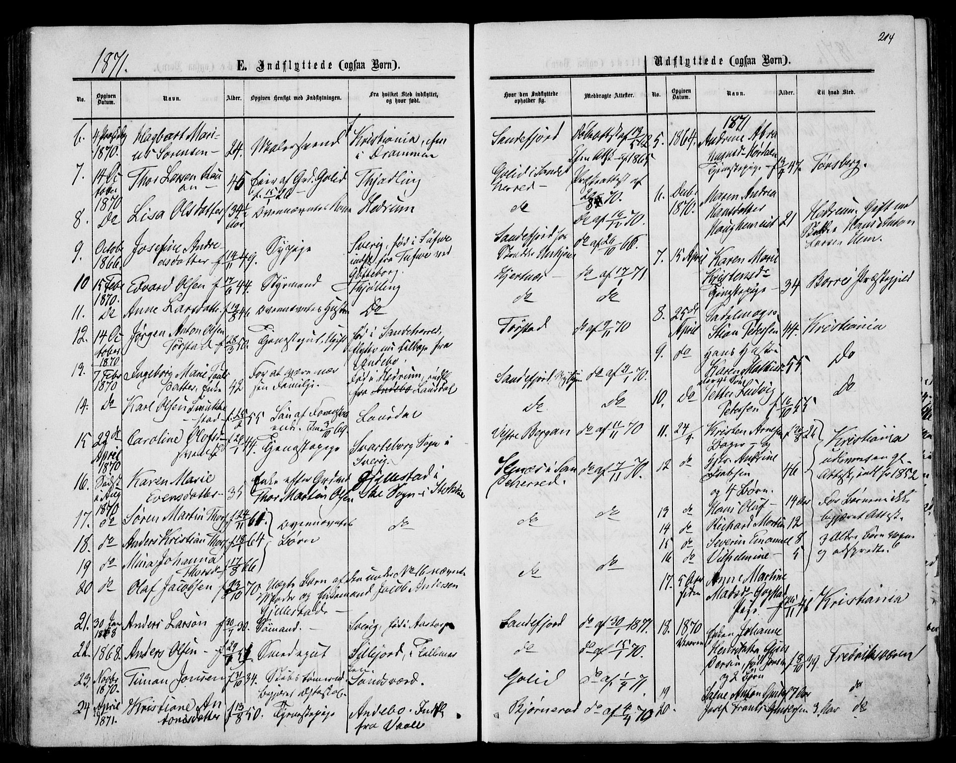 Sandar kirkebøker, AV/SAKO-A-243/F/Fa/L0009: Parish register (official) no. 9, 1862-1871, p. 214