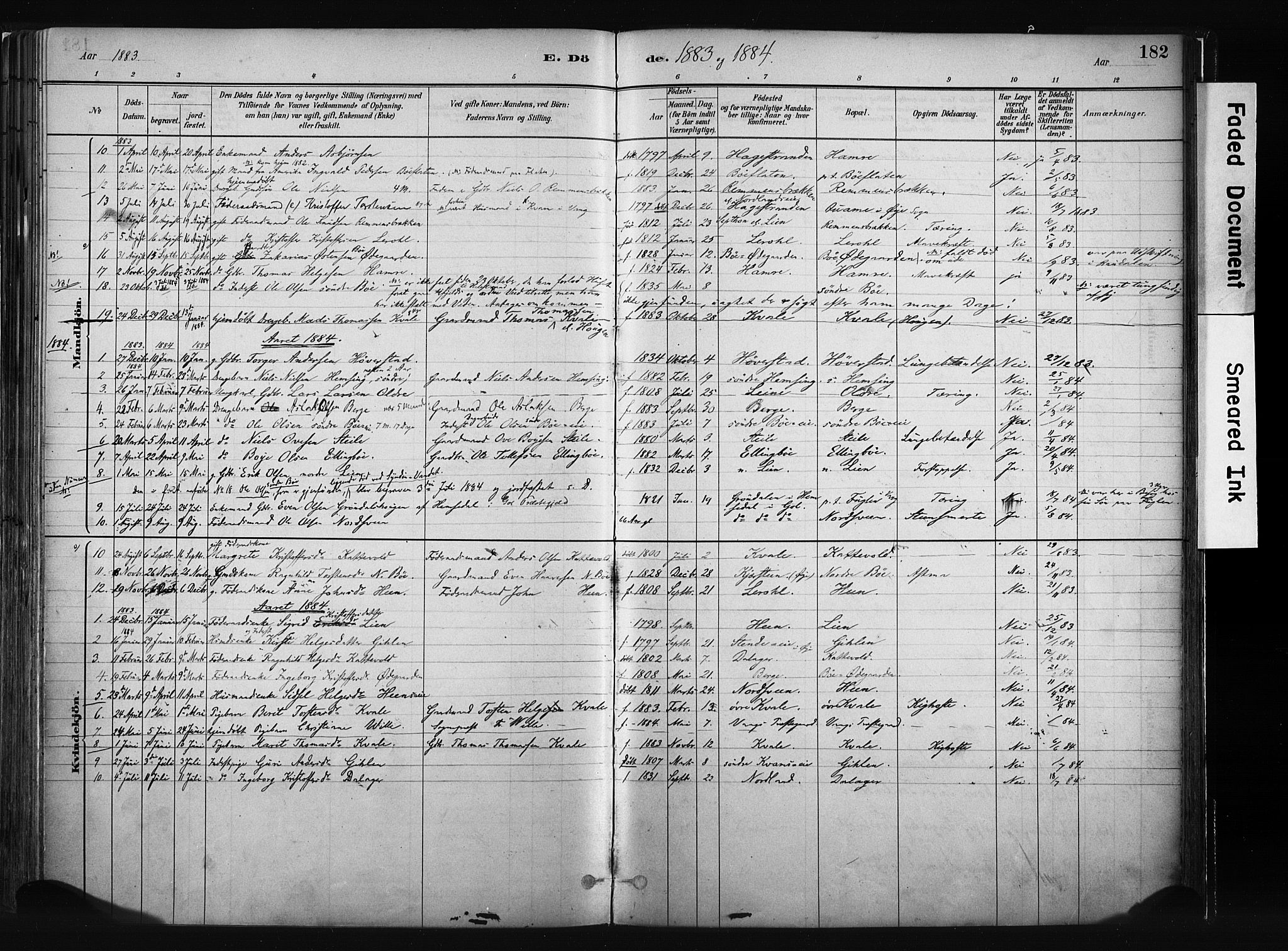 Vang prestekontor, Valdres, SAH/PREST-140/H/Ha/L0008: Parish register (official) no. 8, 1882-1910, p. 182