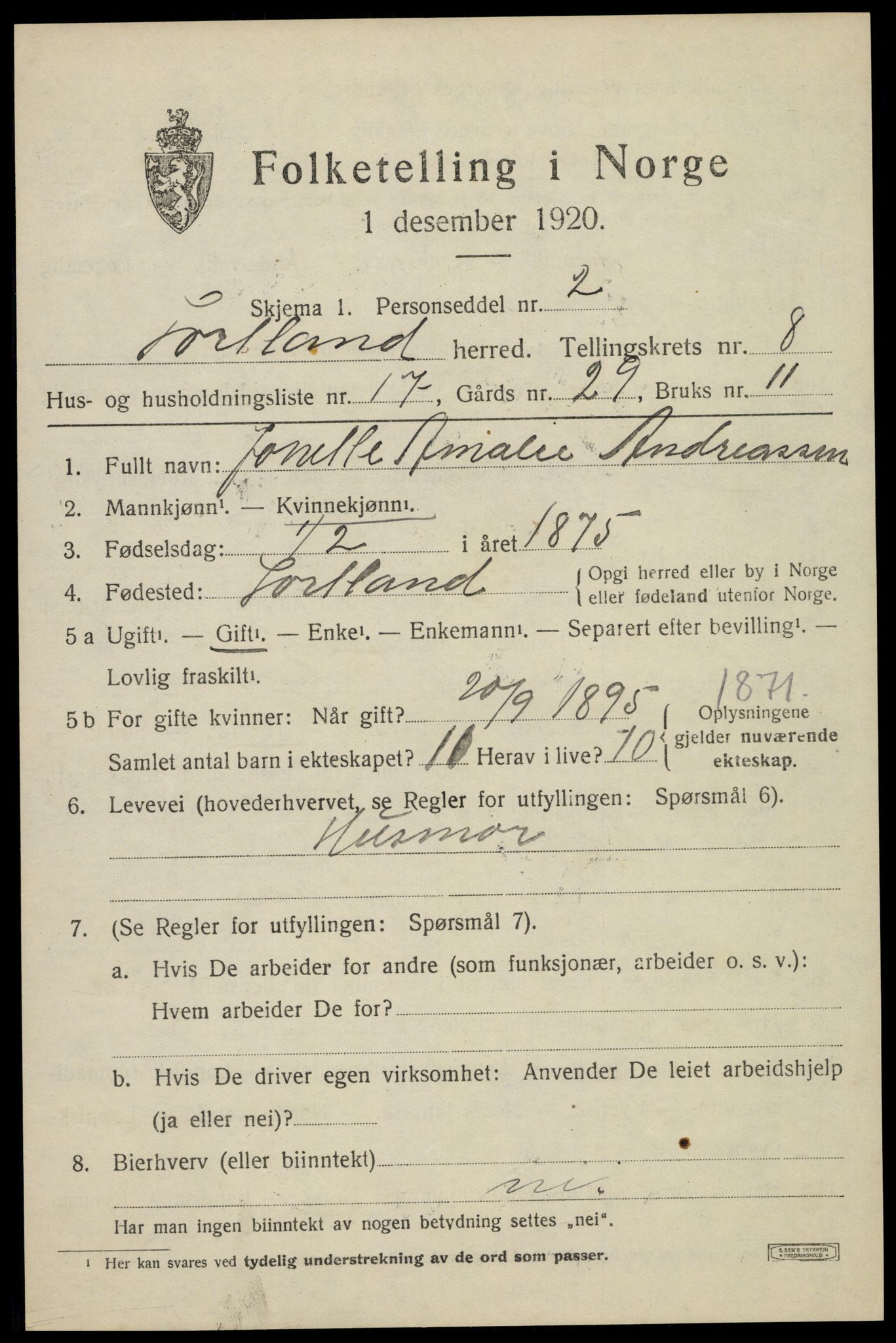 SAT, 1920 census for Sortland, 1920, p. 7008