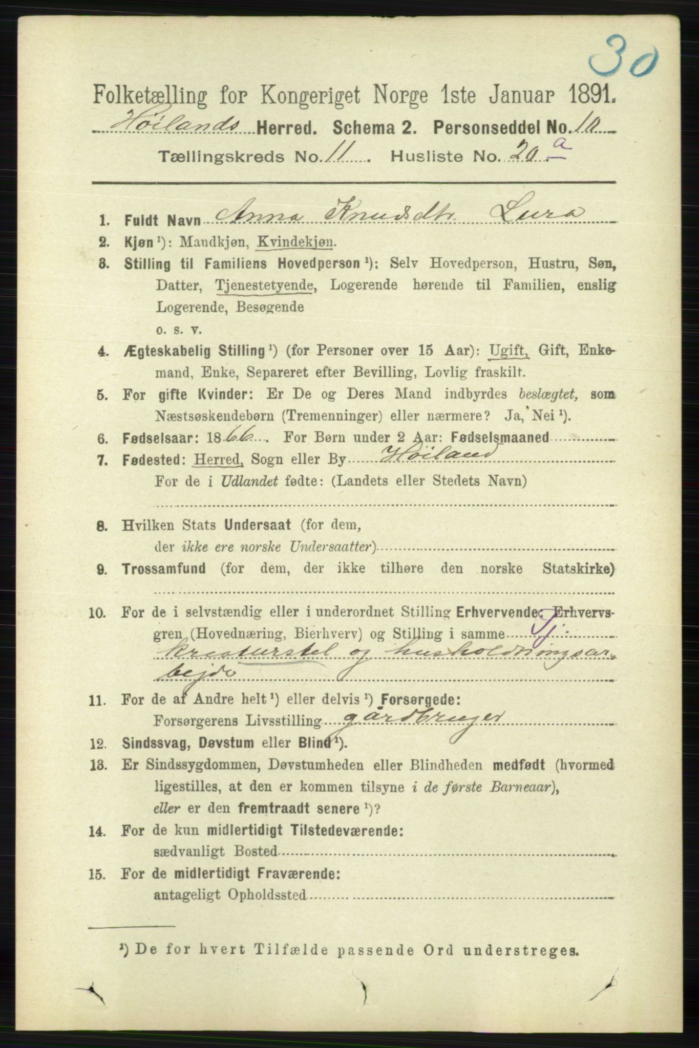 RA, 1891 census for 1123 Høyland, 1891, p. 4598