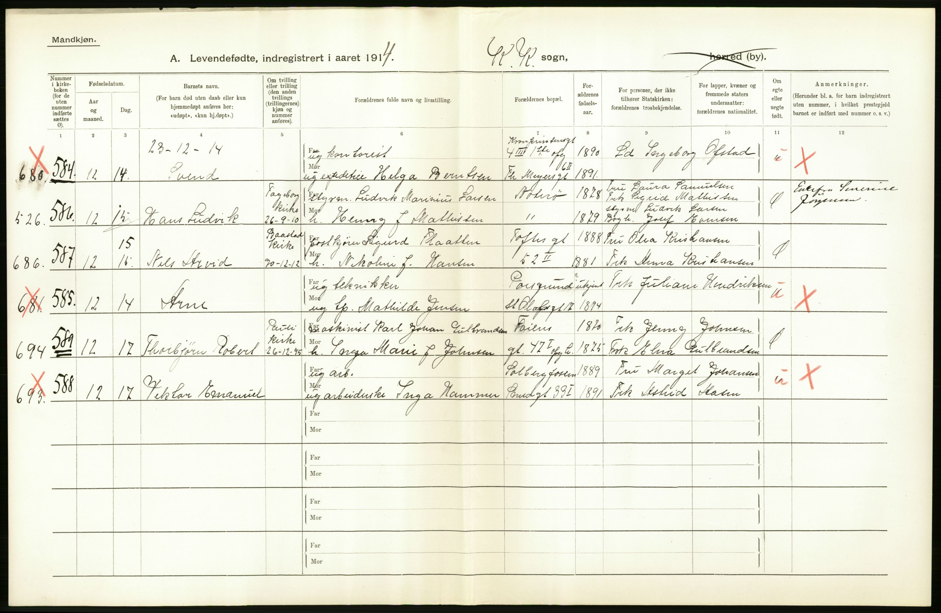 Statistisk sentralbyrå, Sosiodemografiske emner, Befolkning, AV/RA-S-2228/D/Df/Dfb/Dfbd/L0005: Kristiania: Levendefødte menn og kvinner., 1914, p. 34