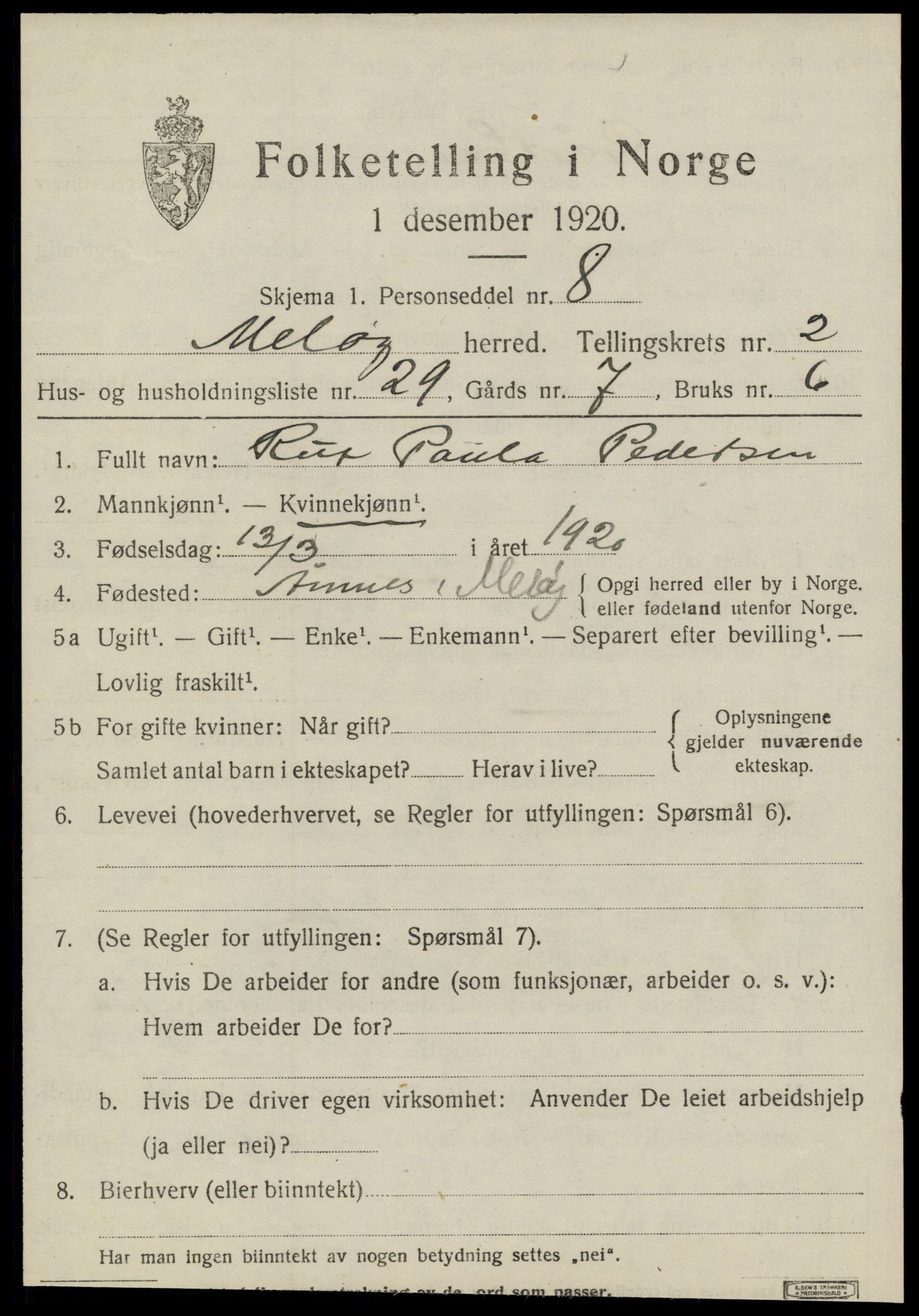 SAT, 1920 census for Meløy, 1920, p. 2529