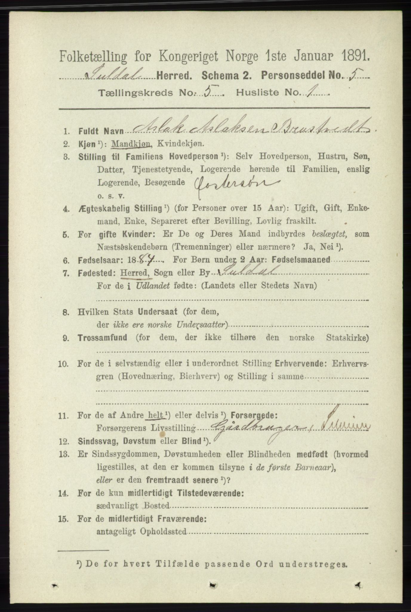 RA, 1891 census for 1134 Suldal, 1891, p. 1463