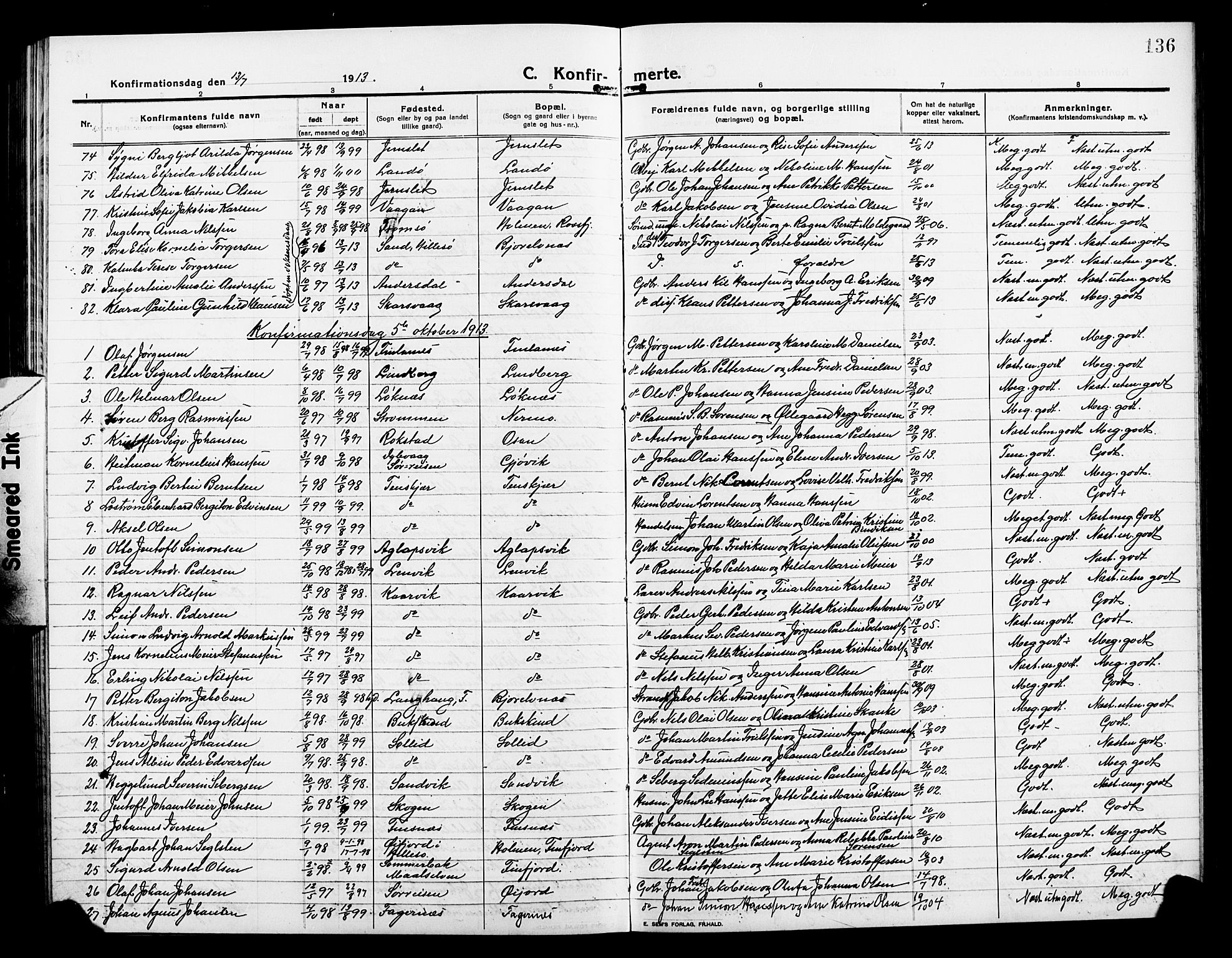 Lenvik sokneprestembete, AV/SATØ-S-1310/H/Ha/Hab/L0009klokker: Parish register (copy) no. 9, 1912-1926, p. 136