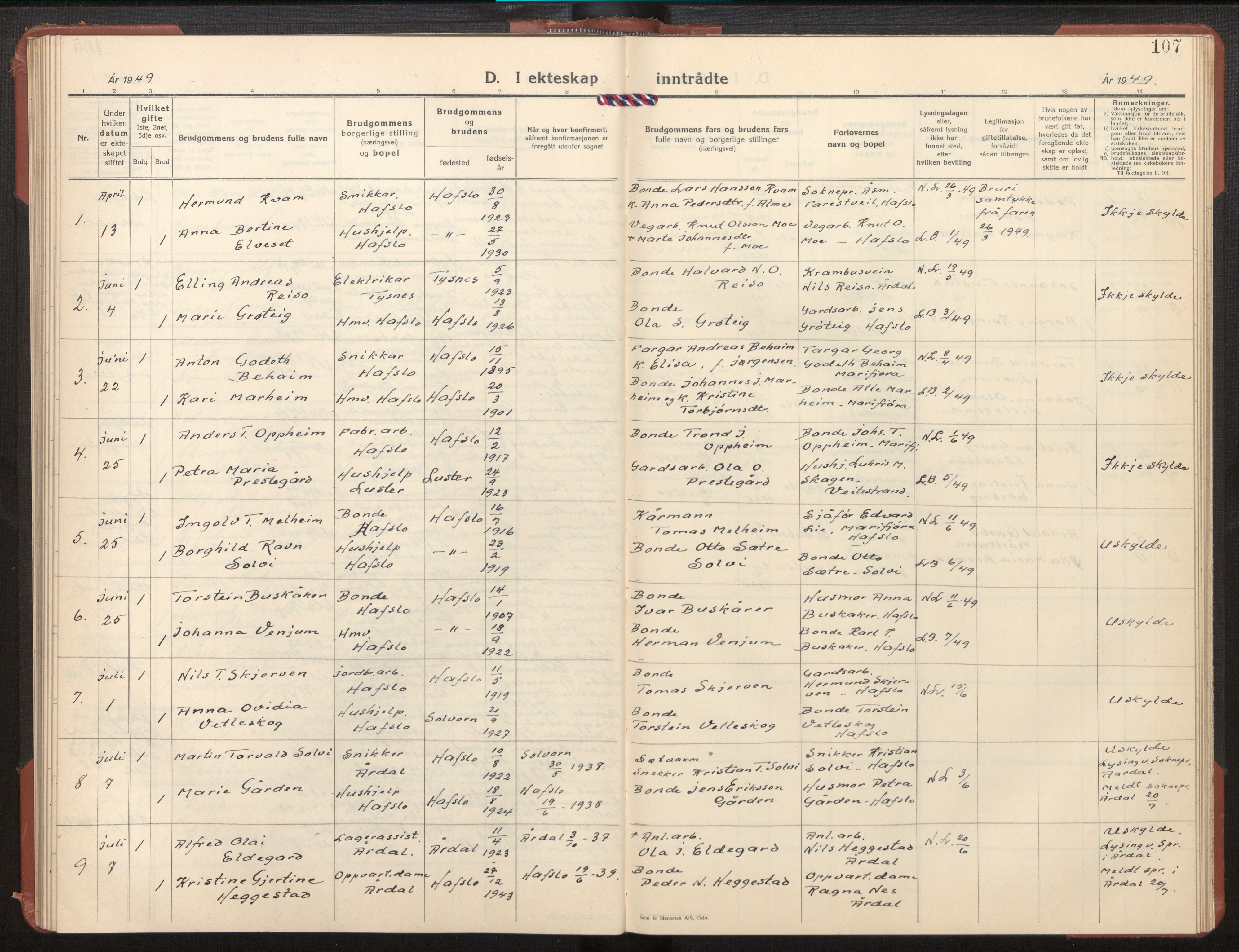 Hafslo sokneprestembete, AV/SAB-A-80301/H/Hab/Habb/L0003: Parish register (copy) no. B 3, 1937-1958, p. 107