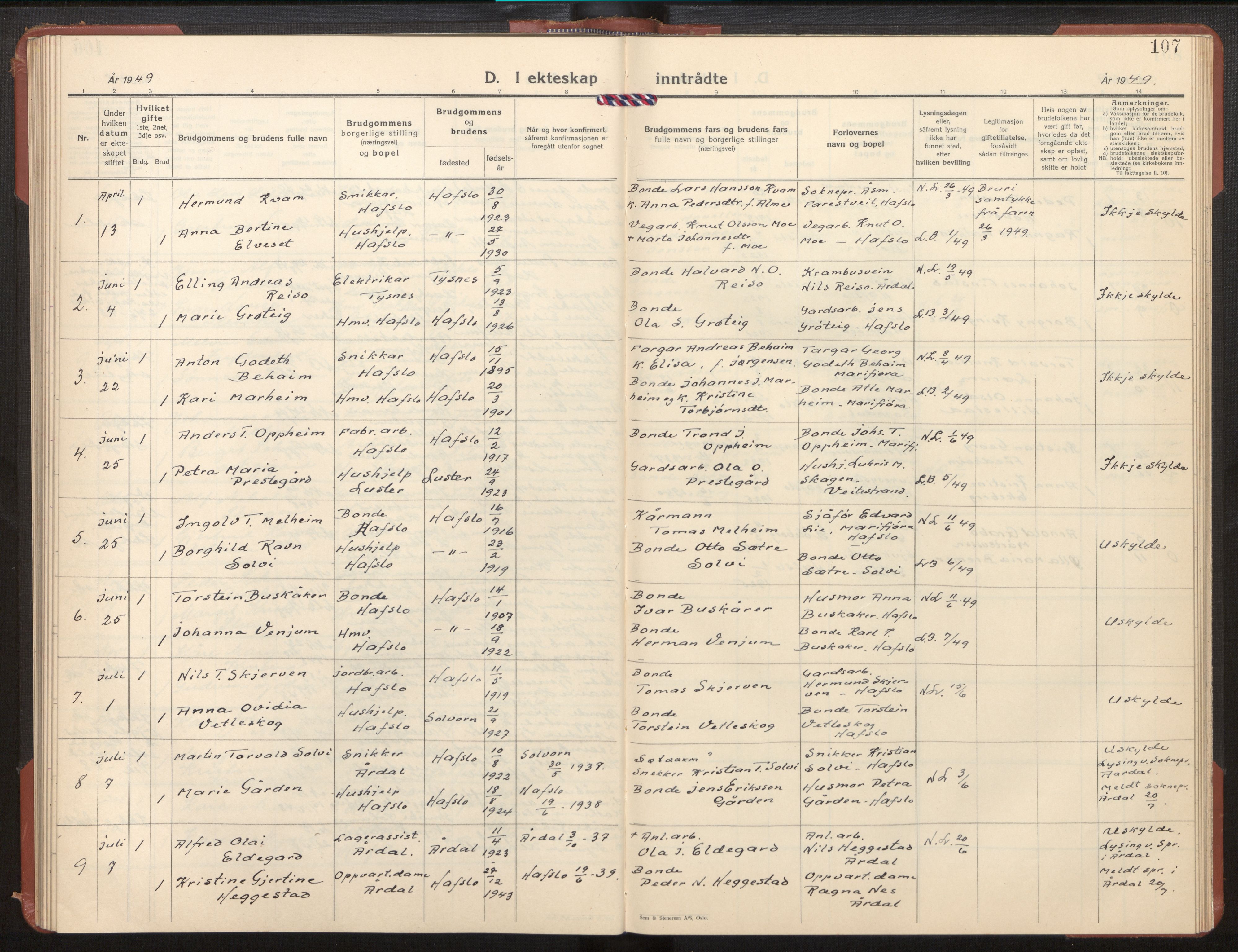 Hafslo sokneprestembete, SAB/A-80301/H/Hab/Habb/L0003: Parish register (copy) no. B 3, 1937-1958, p. 107