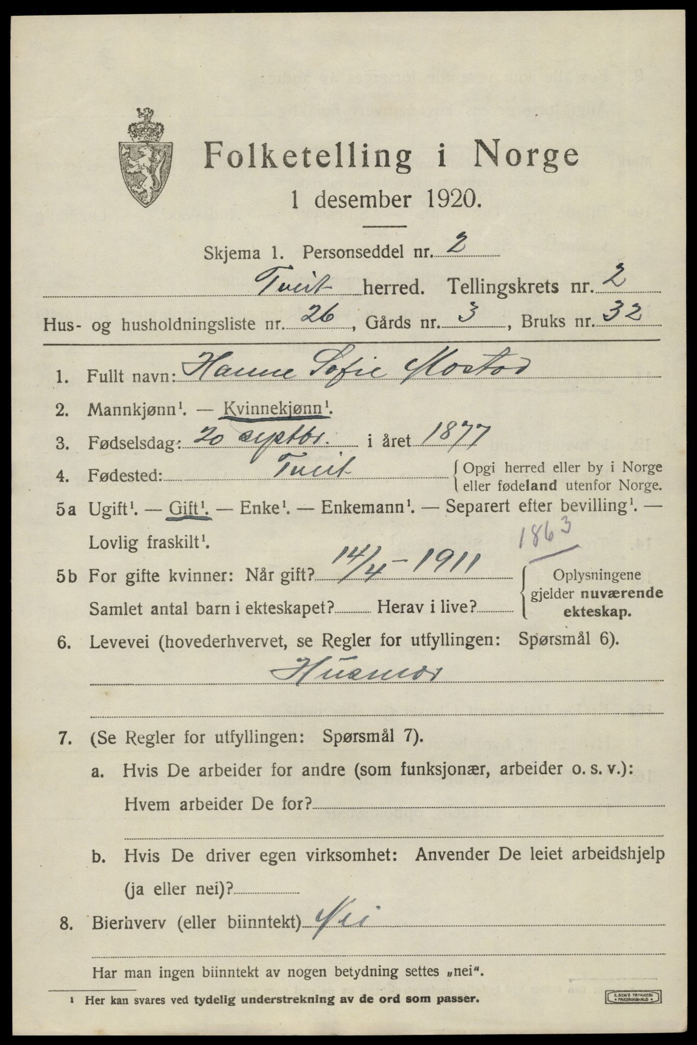 SAK, 1920 census for Tveit, 1920, p. 1456