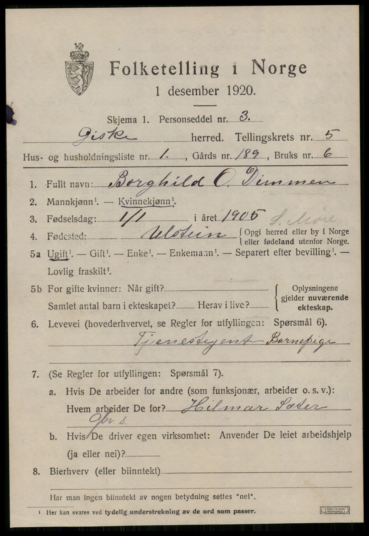 SAT, 1920 census for Giske, 1920, p. 3632