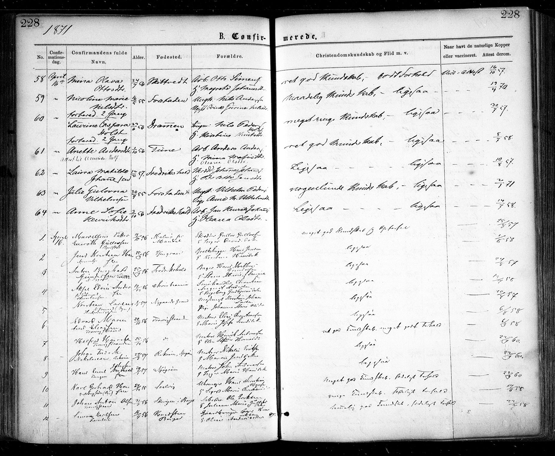 Glemmen prestekontor Kirkebøker, AV/SAO-A-10908/F/Fa/L0008: Parish register (official) no. 8, 1862-1871, p. 228